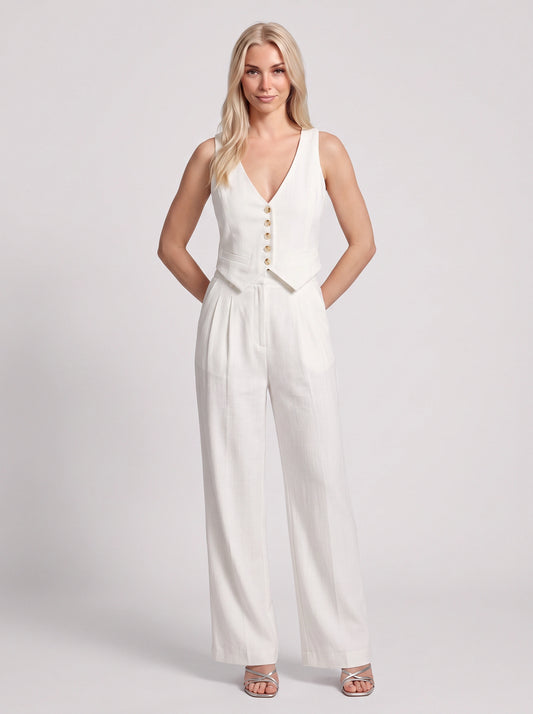 Brione Button Vest Wide-Leg Trouser Set – Sleeveless Buttoned Tank Top Women Casual Summer Formal Two Piece Co-Ord Set