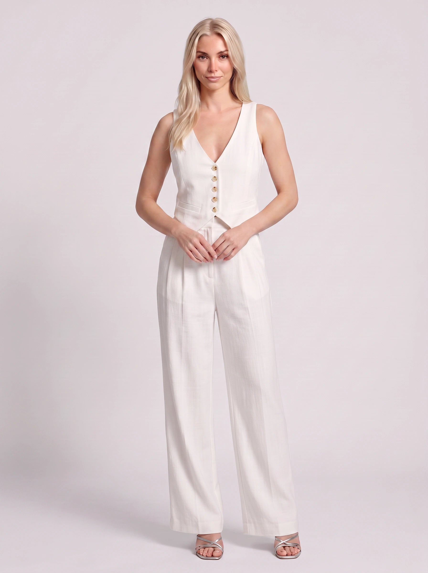 Brione Button Vest Wide-Leg Trouser Set – Sleeveless Buttoned Tank Top Women Casual Summer Formal Two Piece Co-Ord Set