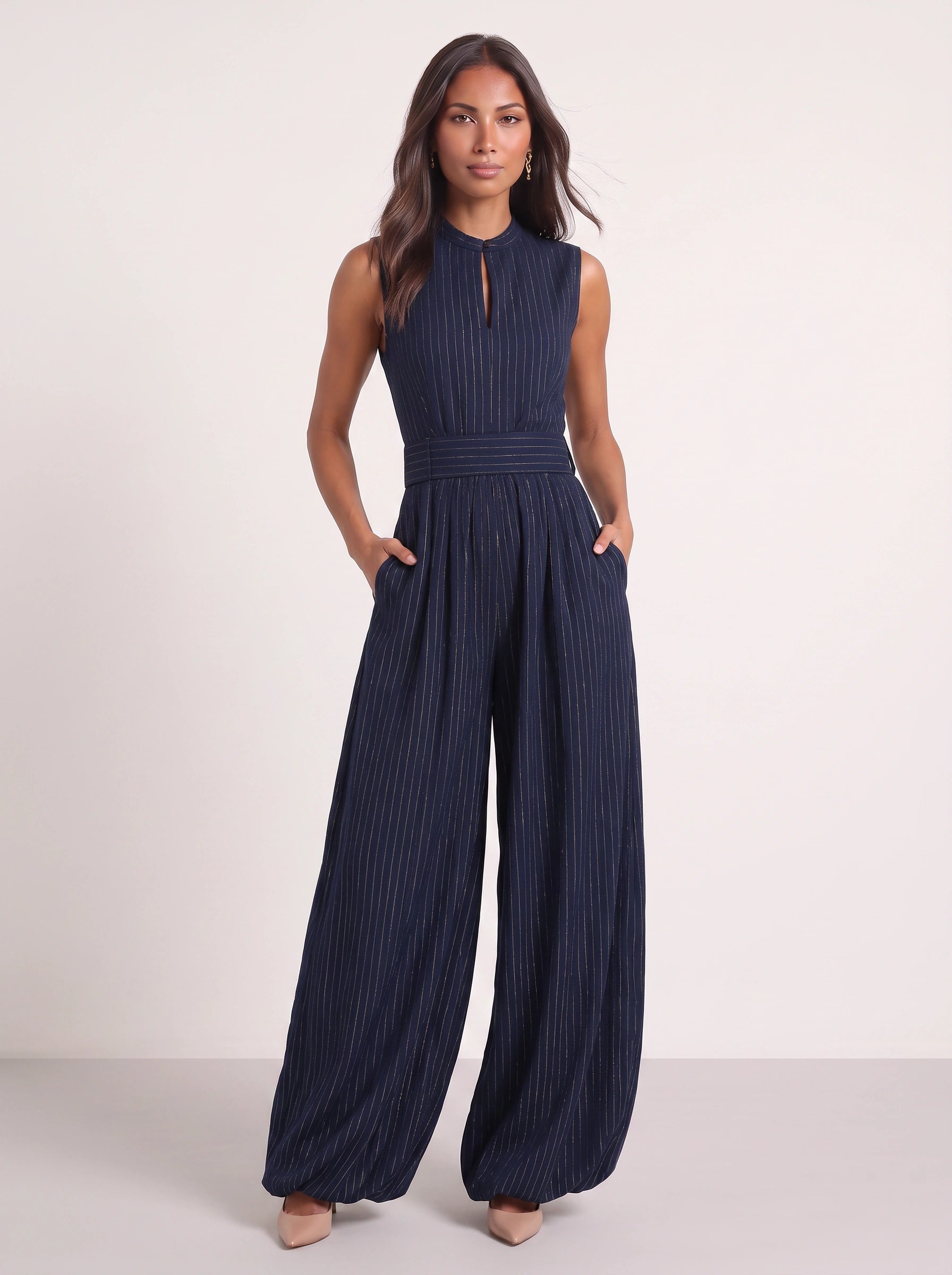 Riglione Keyhole Wide-Leg Jumpsuit – Pinstripe Sleeveless Women Formal Evening Belted Wide-Leg Jumpsuit