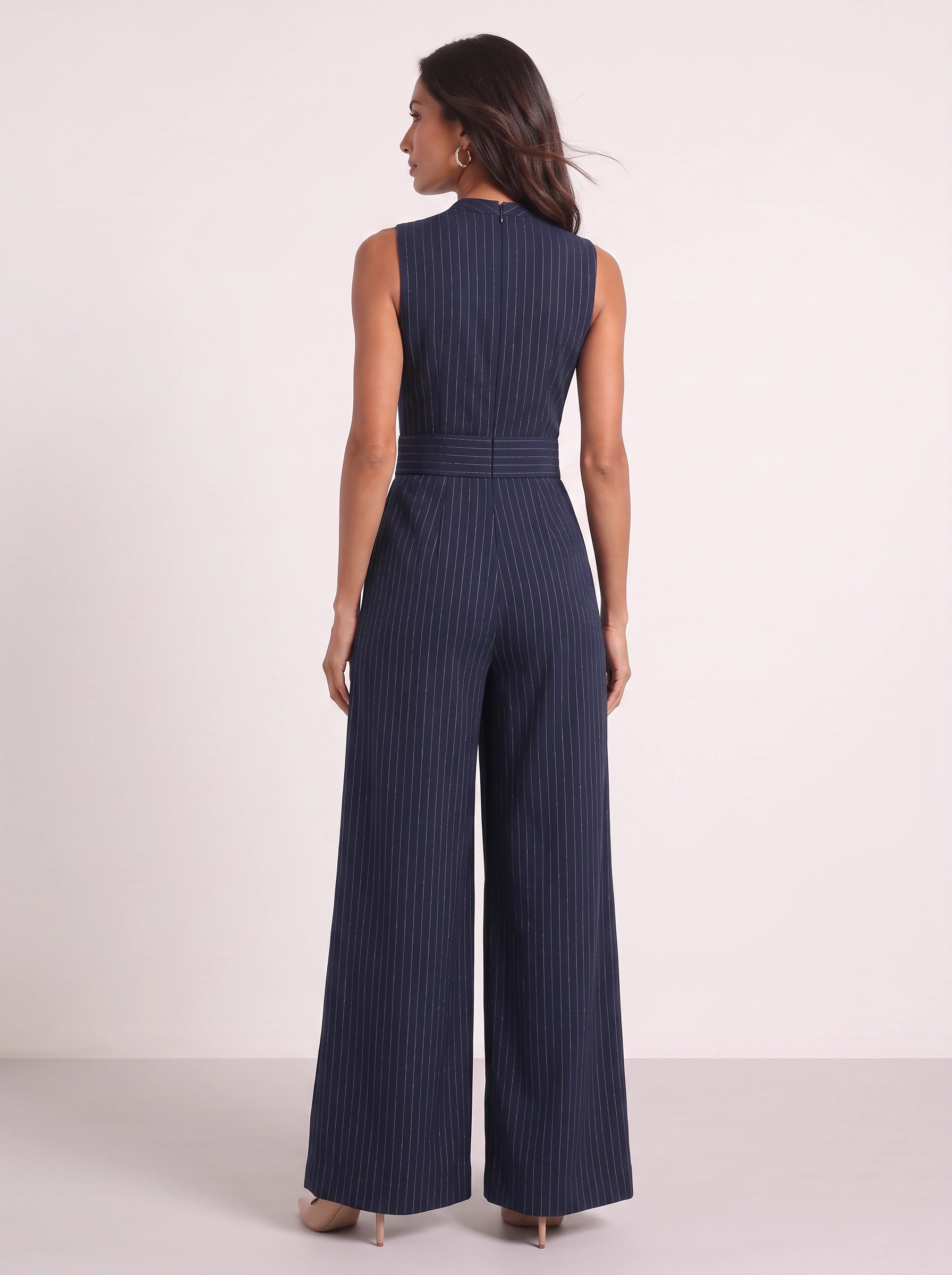 Riglione Keyhole Wide-Leg Jumpsuit – Pinstripe Sleeveless Women Formal Evening Belted Wide-Leg Jumpsuit