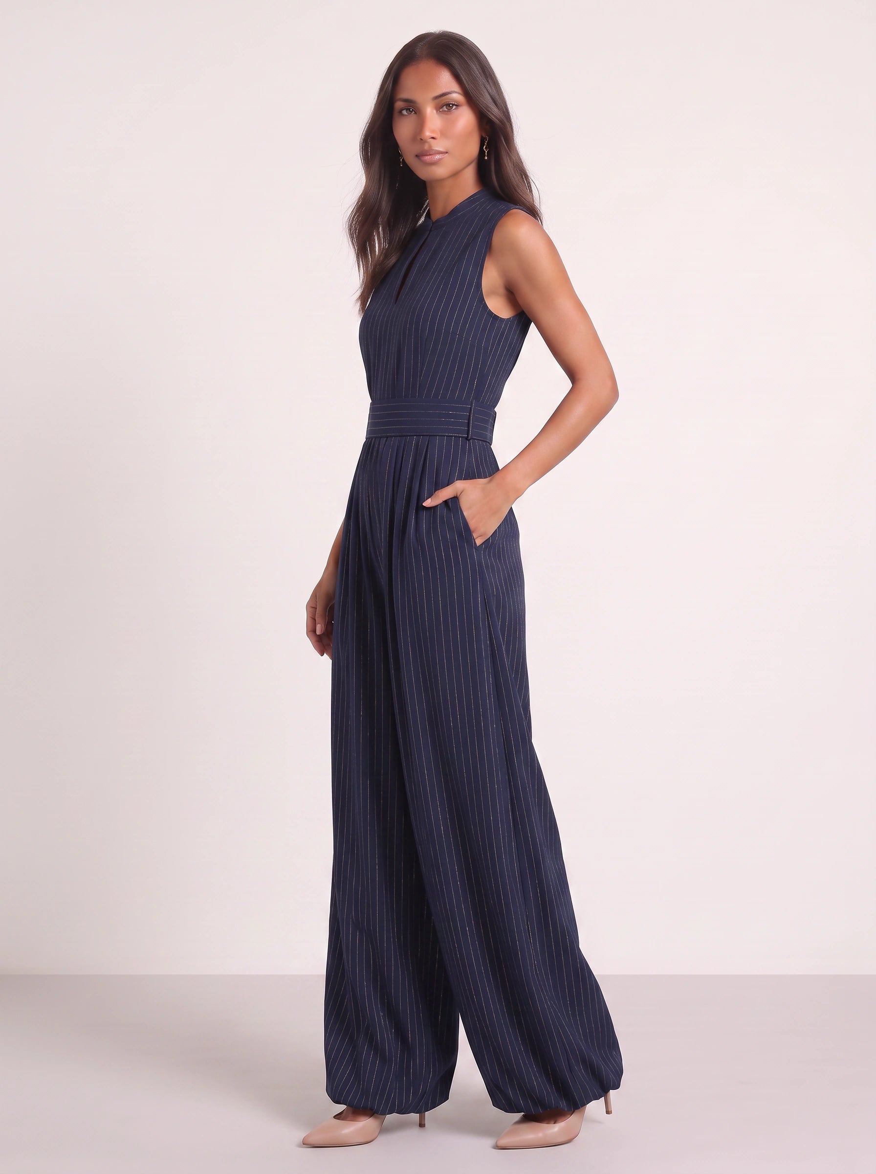 Riglione Keyhole Wide-Leg Jumpsuit – Pinstripe Sleeveless Women Formal Evening Belted Wide-Leg Jumpsuit