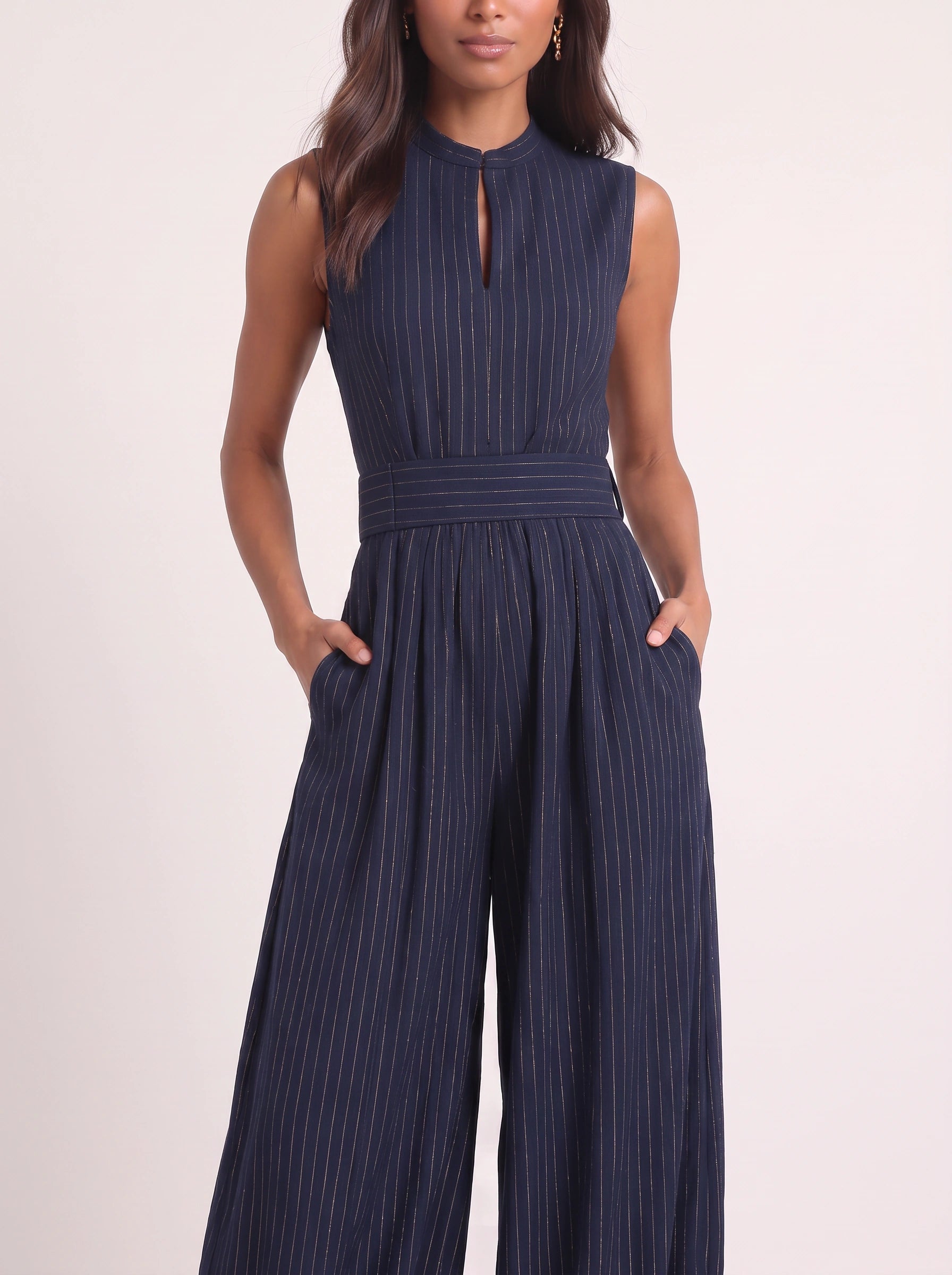 Riglione Keyhole Wide-Leg Jumpsuit – Pinstripe Sleeveless Women Formal Evening Belted Wide-Leg Jumpsuit