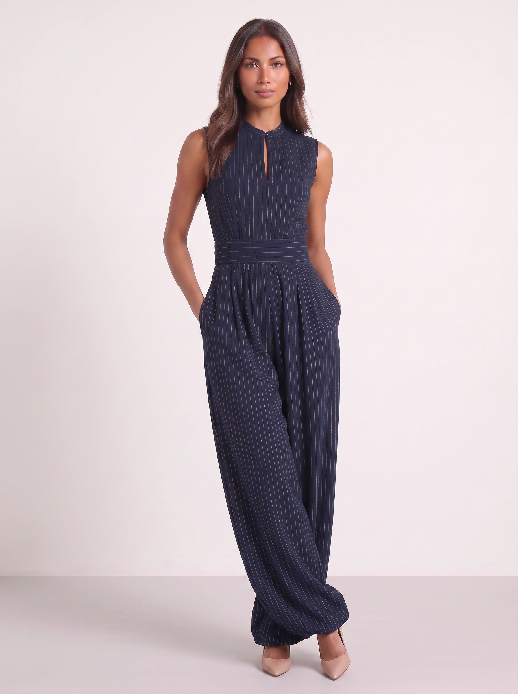 Riglione Keyhole Wide-Leg Jumpsuit – Pinstripe Sleeveless Women Formal Evening Belted Wide-Leg Jumpsuit