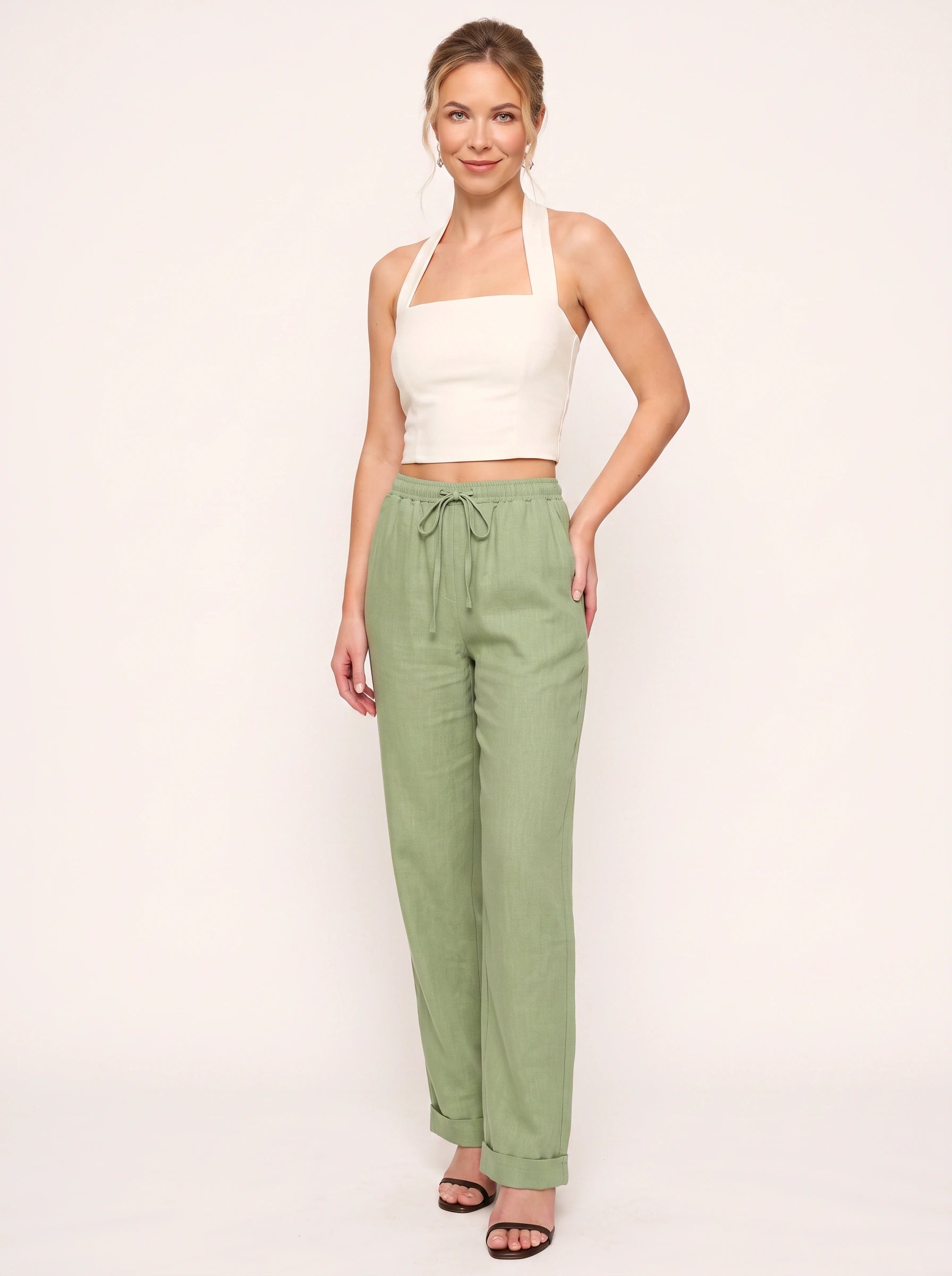 Linaire Drawstring Linen Pants – Women Summer Casual Straight Leg High Waist Linen Drawstring Pants