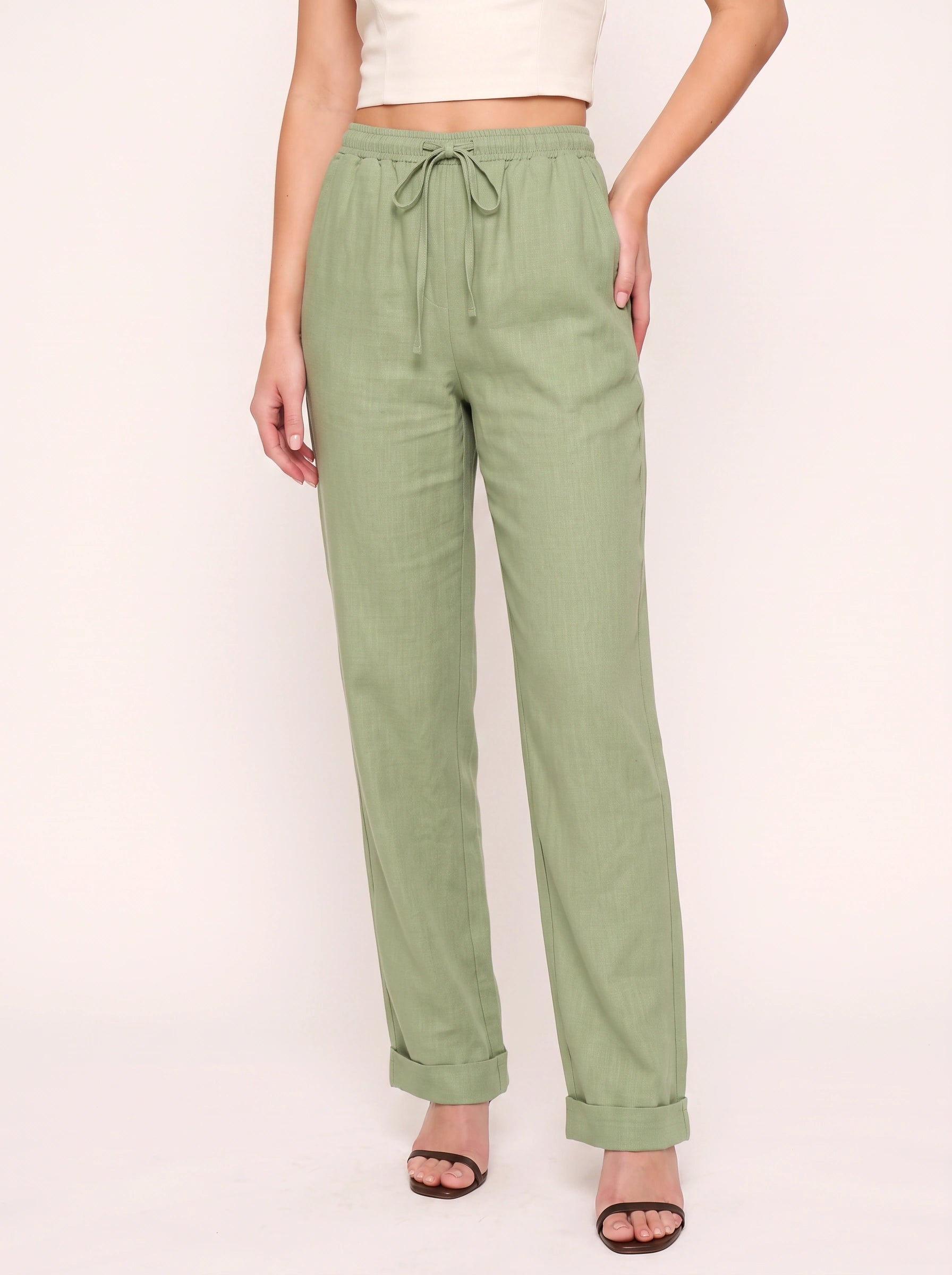 Linaire Drawstring Linen Pants – Women Summer Casual Straight Leg High Waist Linen Drawstring Pants