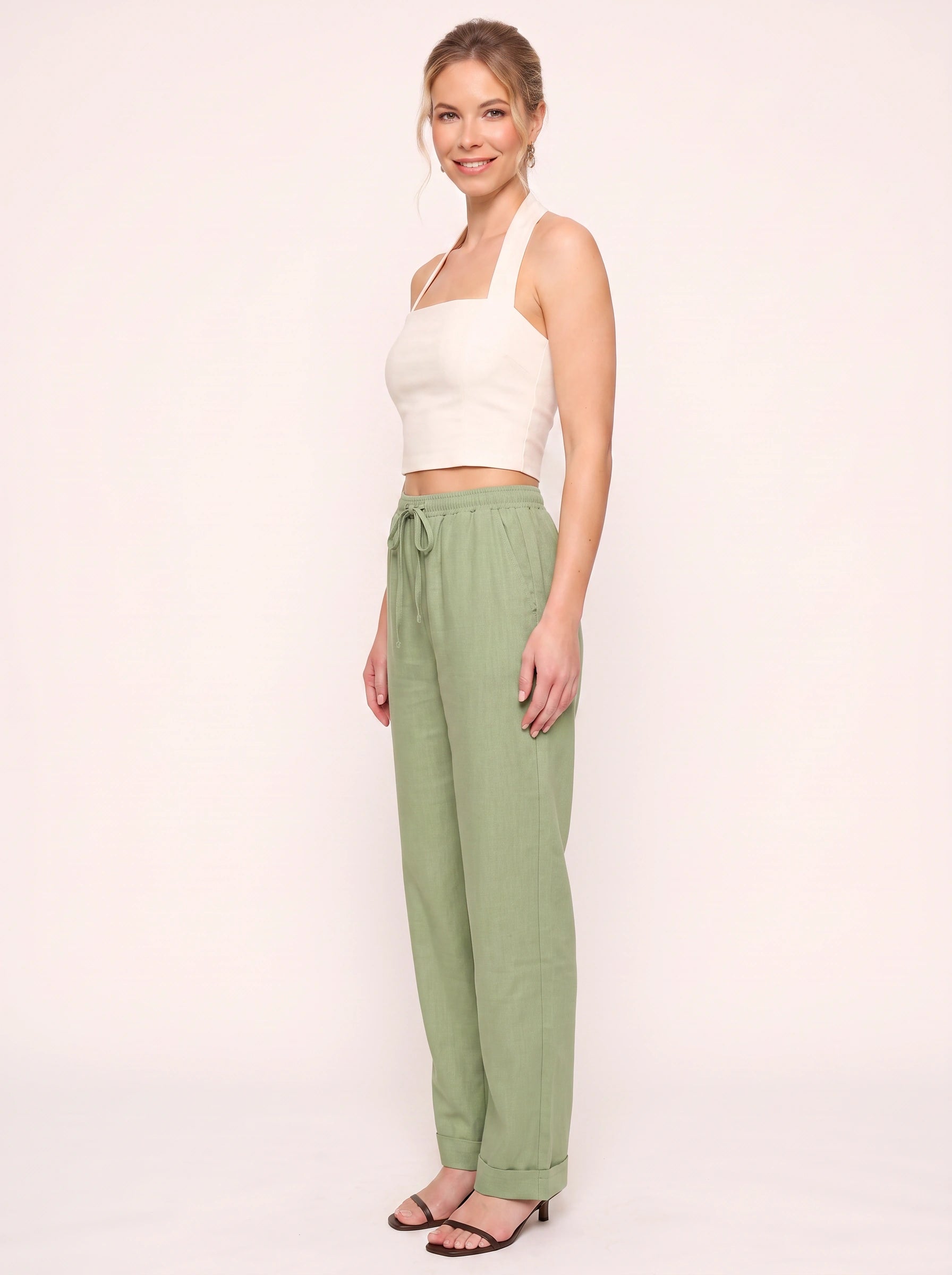 Linaire Drawstring Linen Pants – Women Summer Casual Straight Leg High Waist Linen Drawstring Pants