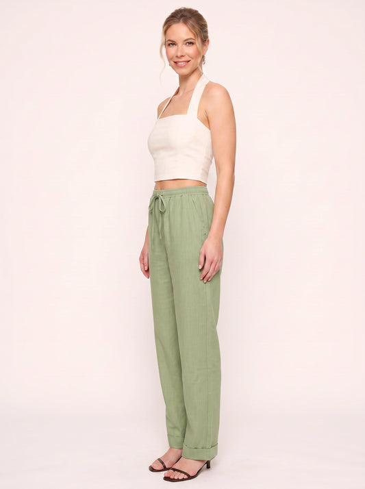 Pantalon en lin Linaire à cordon – pantalon décontracté d’été pour femme, coupe droite, taille haute, en lin avec cordon