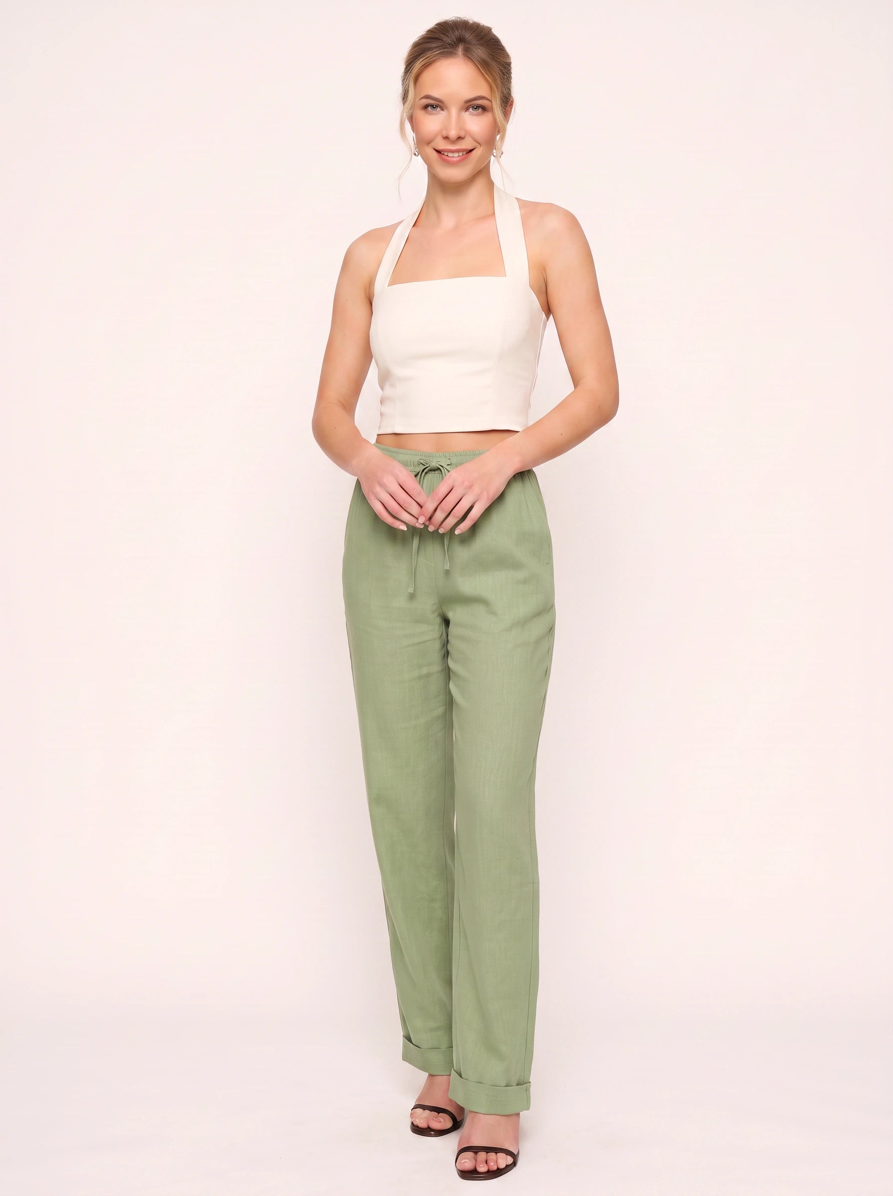 Linaire Drawstring Linen Pants – Women Summer Casual Straight Leg High Waist Linen Drawstring Pants