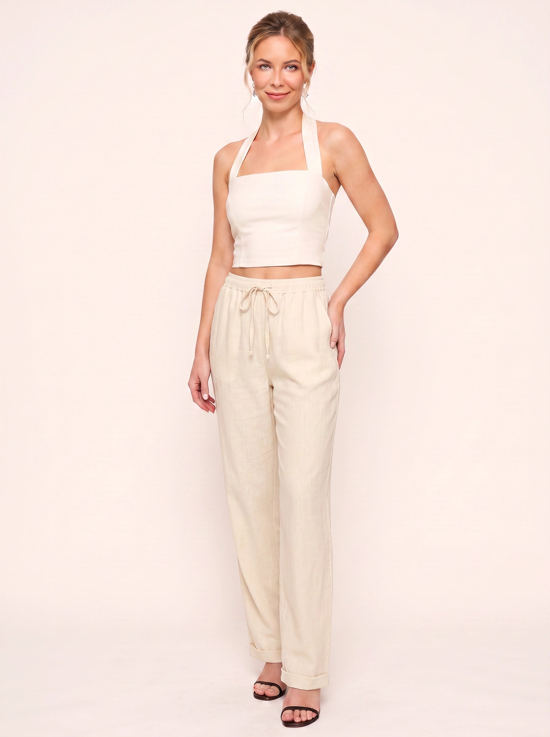 Linaire Drawstring Linen Pants – Women Summer Casual Straight Leg High Waist Linen Drawstring Pants