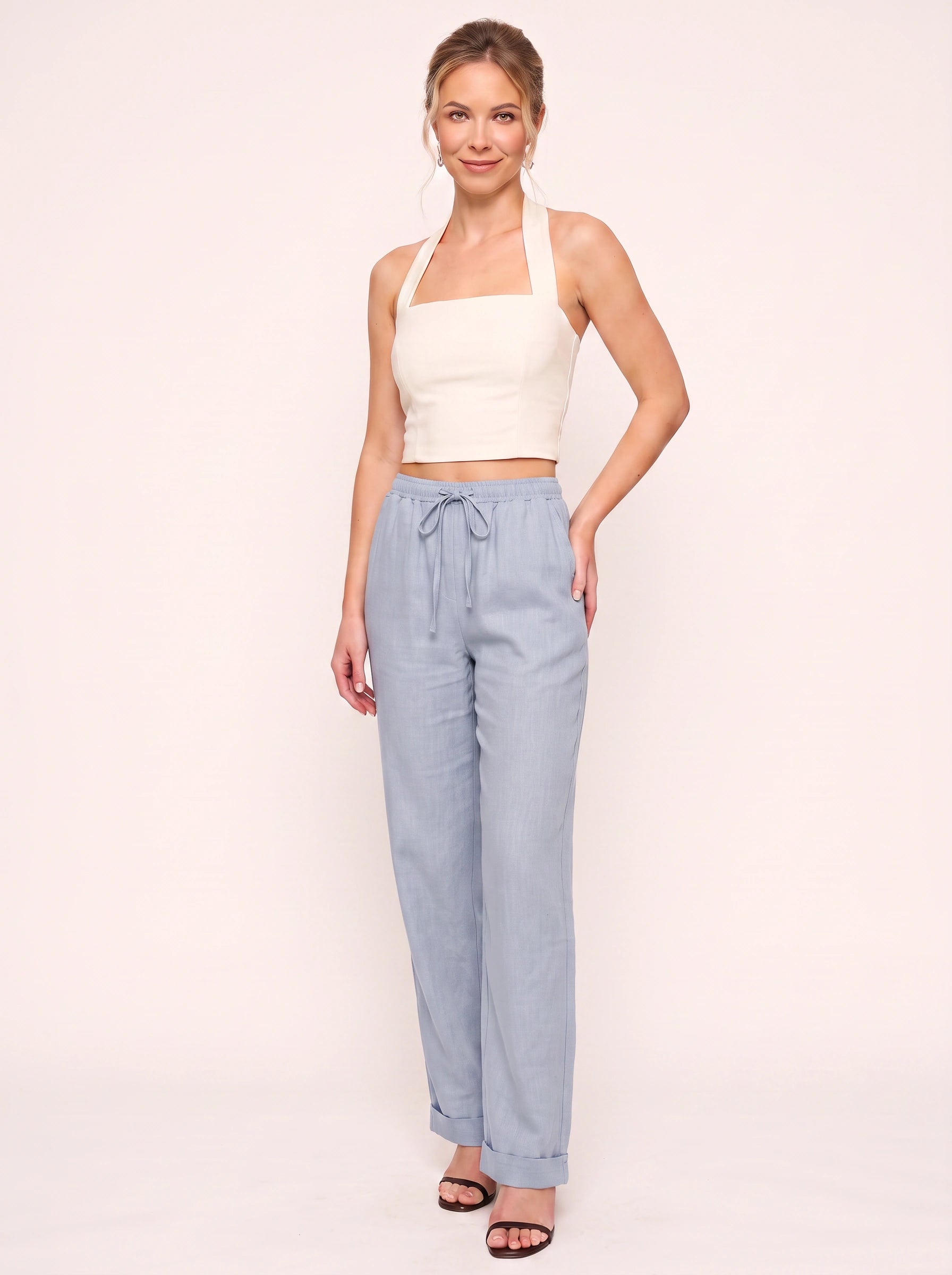 Linaire Drawstring Linen Pants – Women Summer Casual Straight Leg High Waist Linen Drawstring Pants