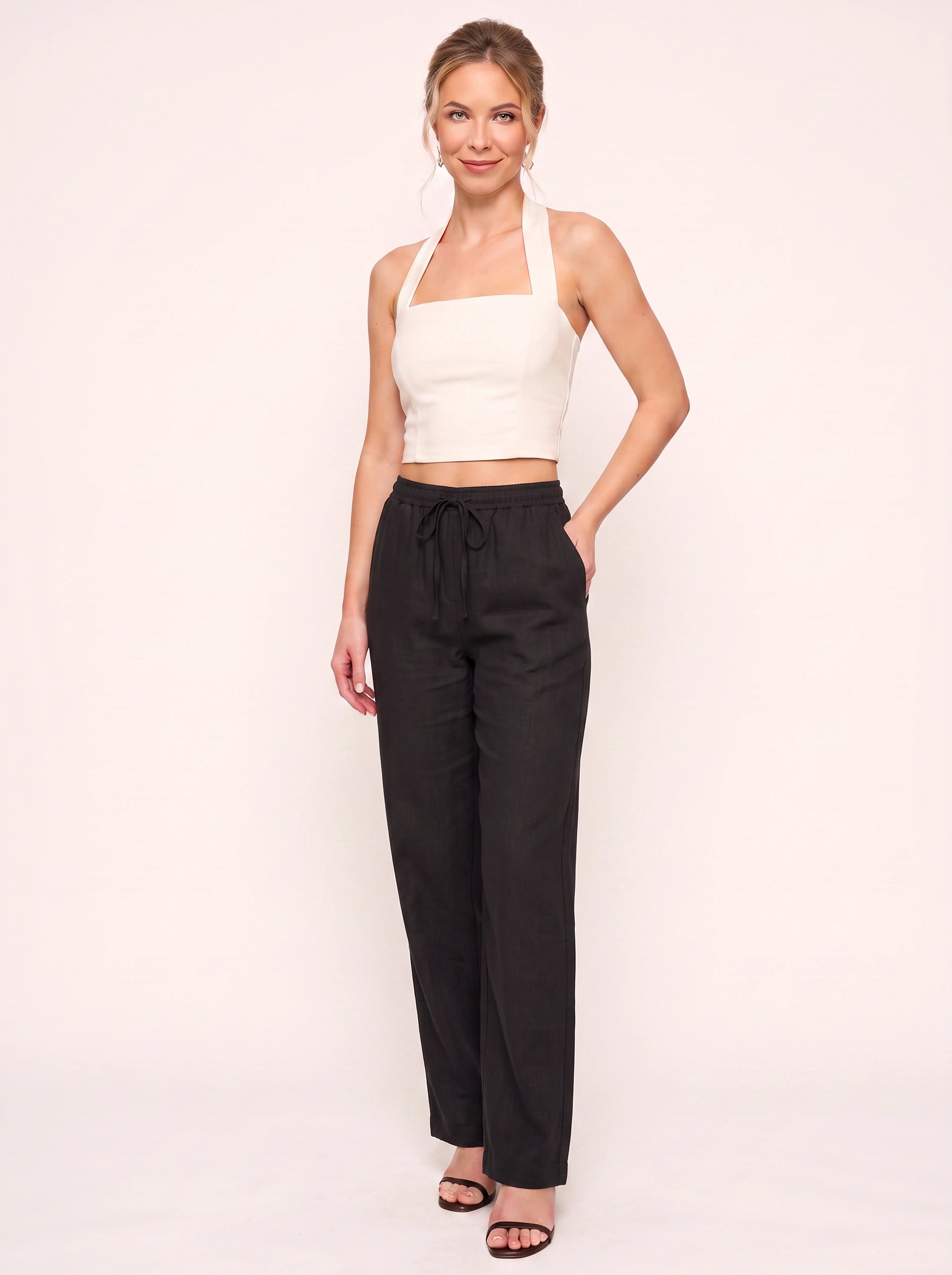Linaire Drawstring Linen Pants – Women Summer Casual Straight Leg High Waist Linen Drawstring Pants