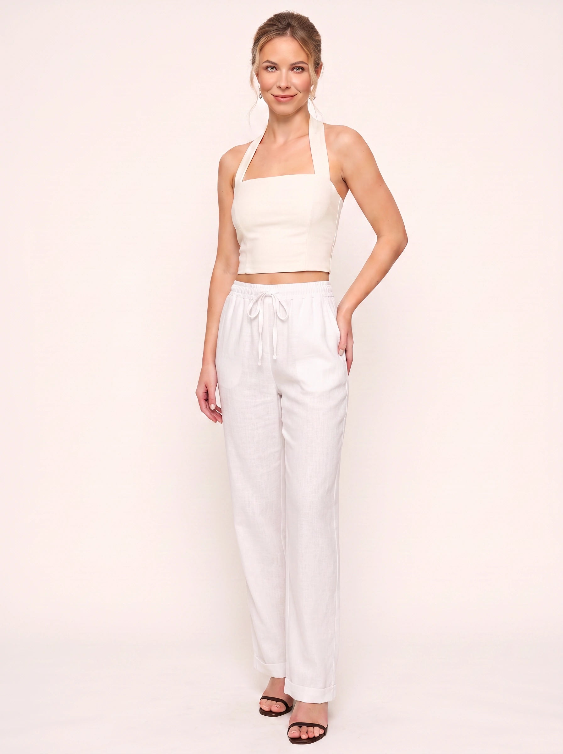 Linaire Drawstring Linen Pants – Women Summer Casual Straight Leg High Waist Linen Drawstring Pants