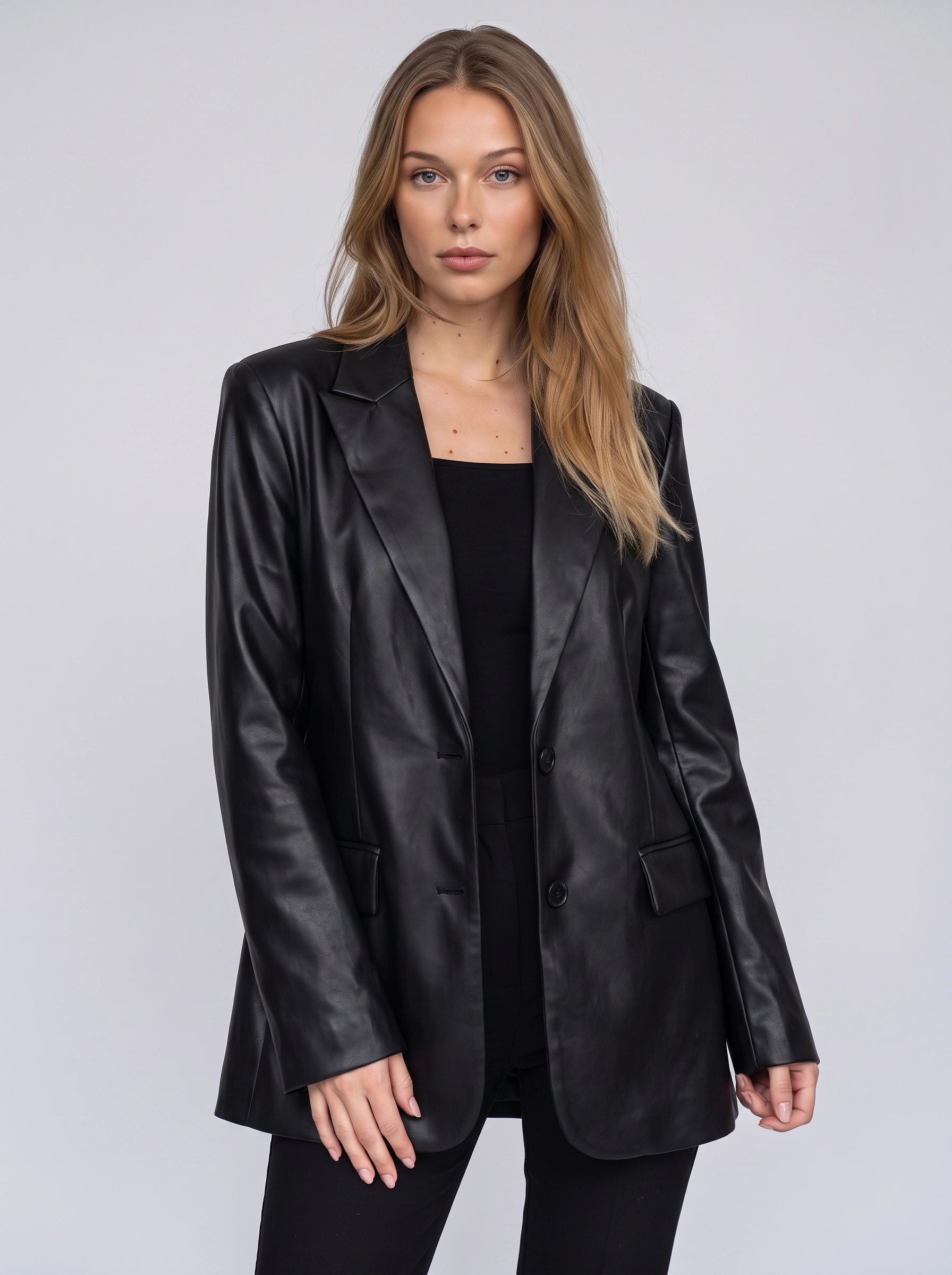 Nexon Leather Longline Blazer – Women Tailored Office Casual Smart Evening Button Front Blazer