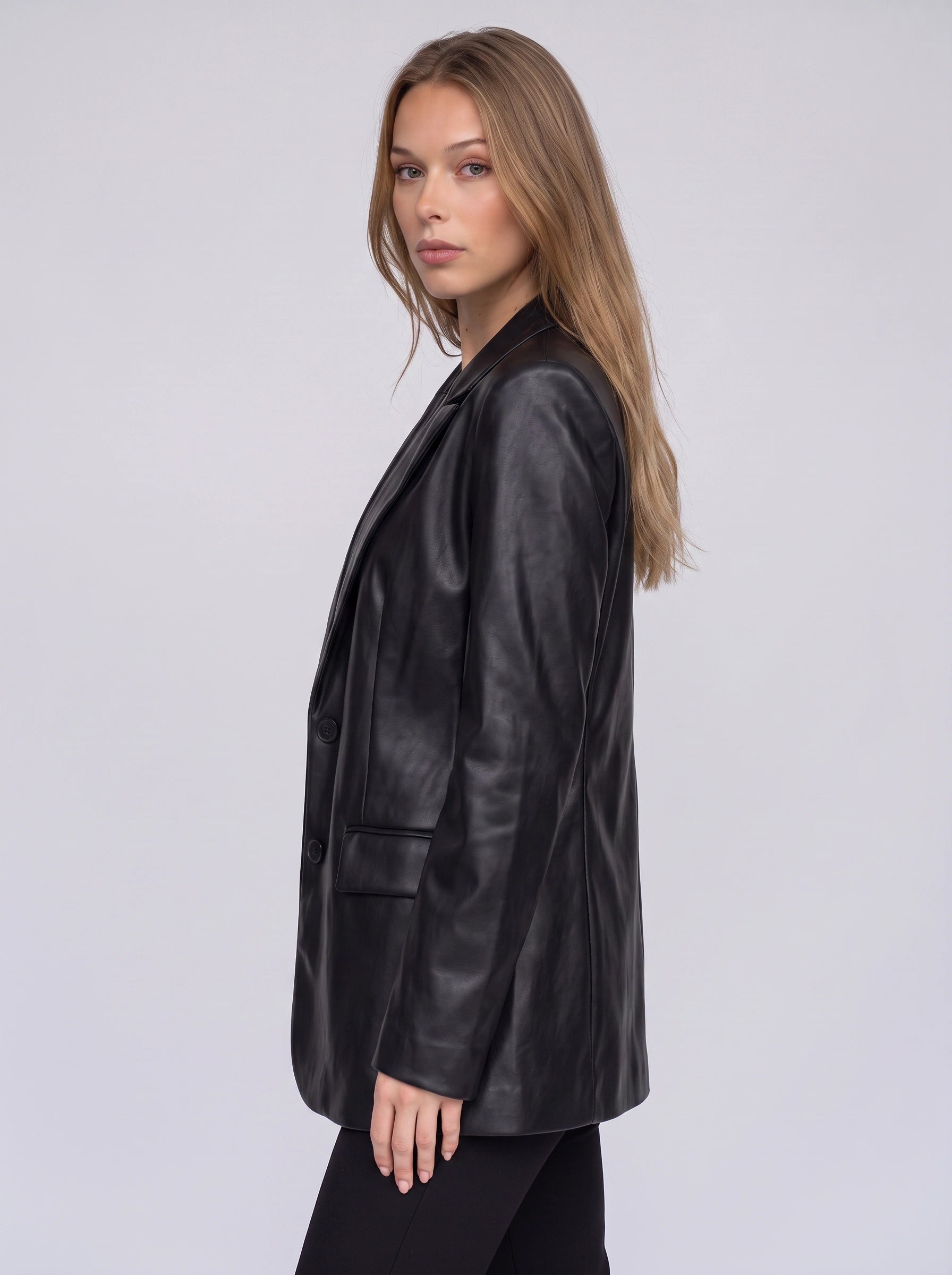 Nexon Leather Longline Blazer – Women Tailored Office Casual Smart Evening Button Front Blazer