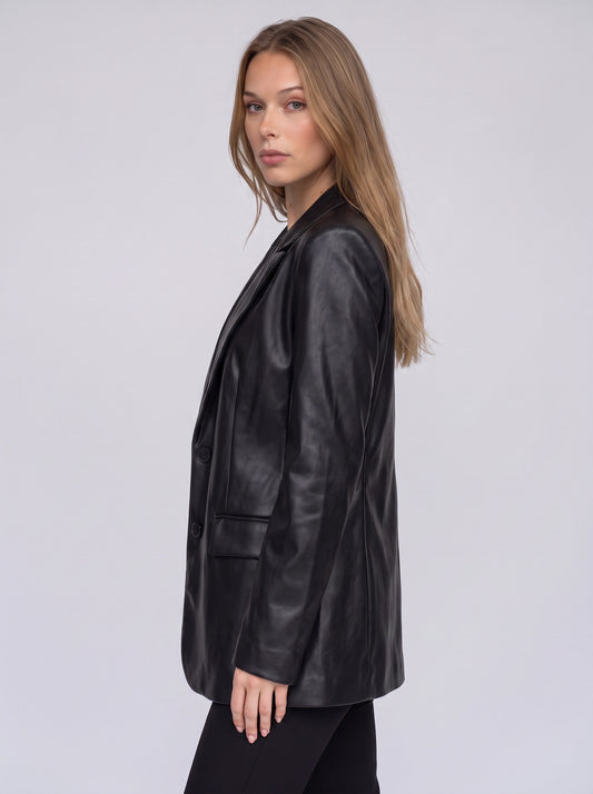 Nexon Leather Longline Blazer – Women Tailored Office Casual Smart Evening Button Front Blazer