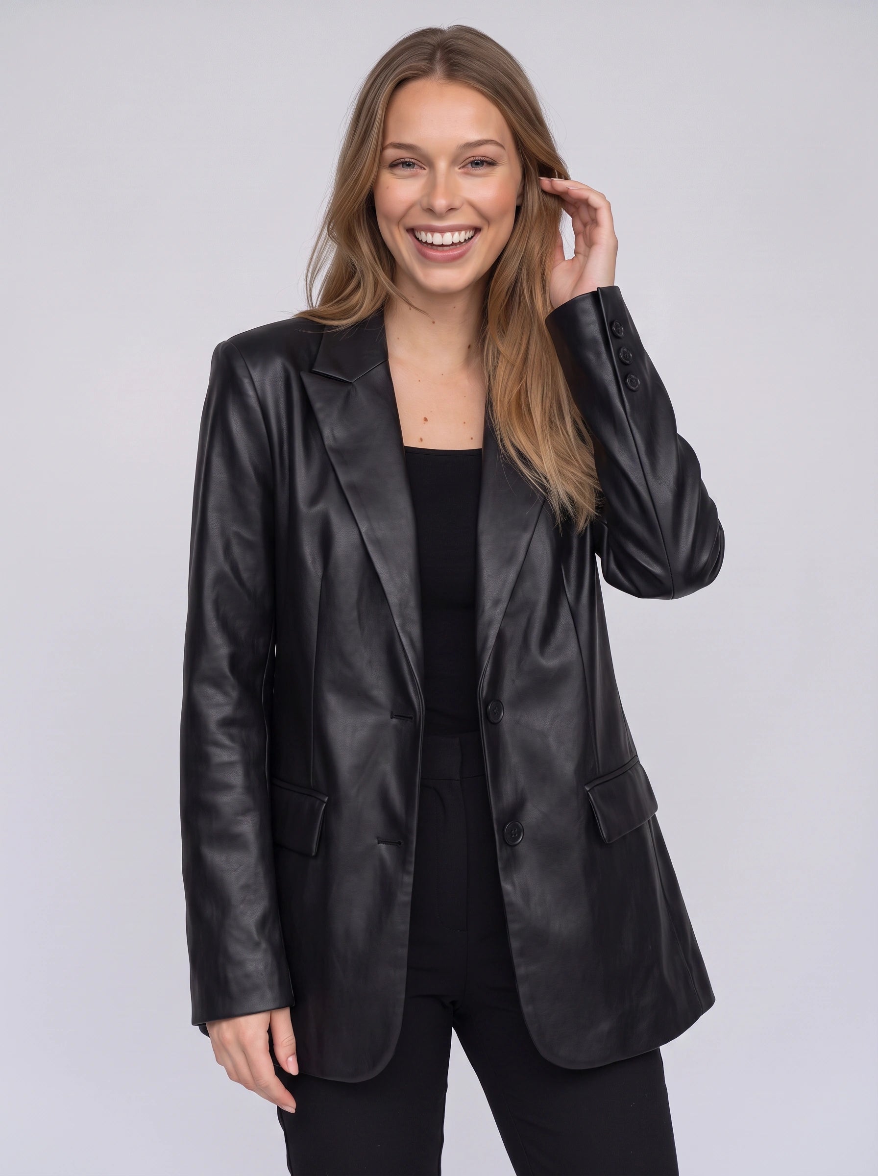 Nexon Leather Longline Blazer – Women Tailored Office Casual Smart Evening Button Front Blazer