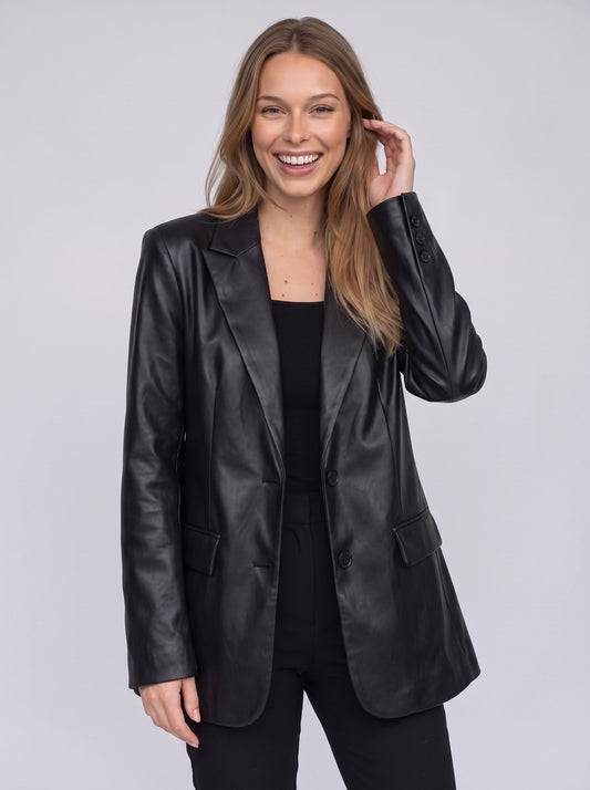 Nexon Leather Longline Blazer – Women Tailored Office Casual Smart Evening Button Front Blazer