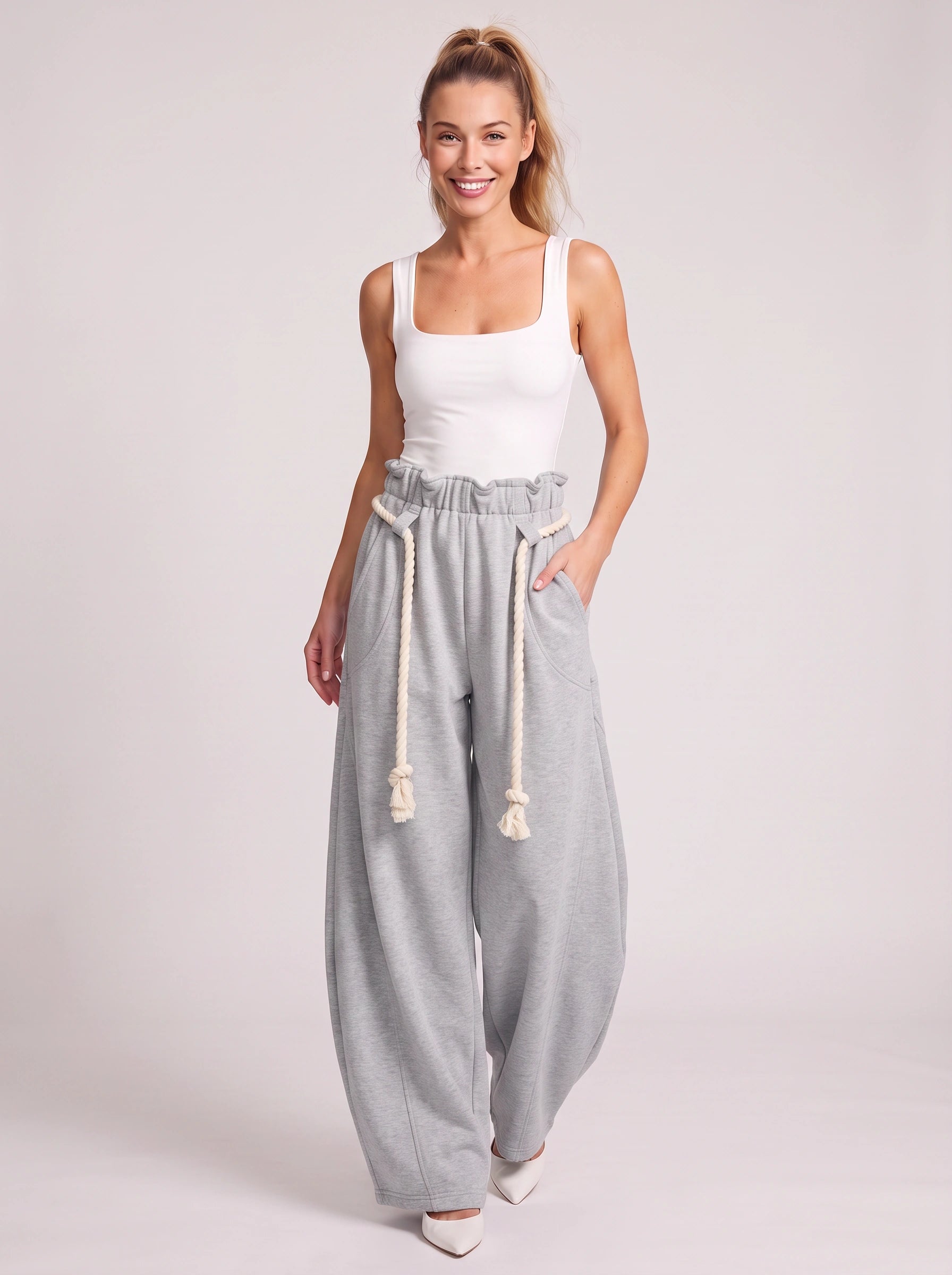 Tasselo High-Waist Wide-Leg Pants – Women Wide Leg Pants Drawstring Paperbag Waist Trouser Summer Casual