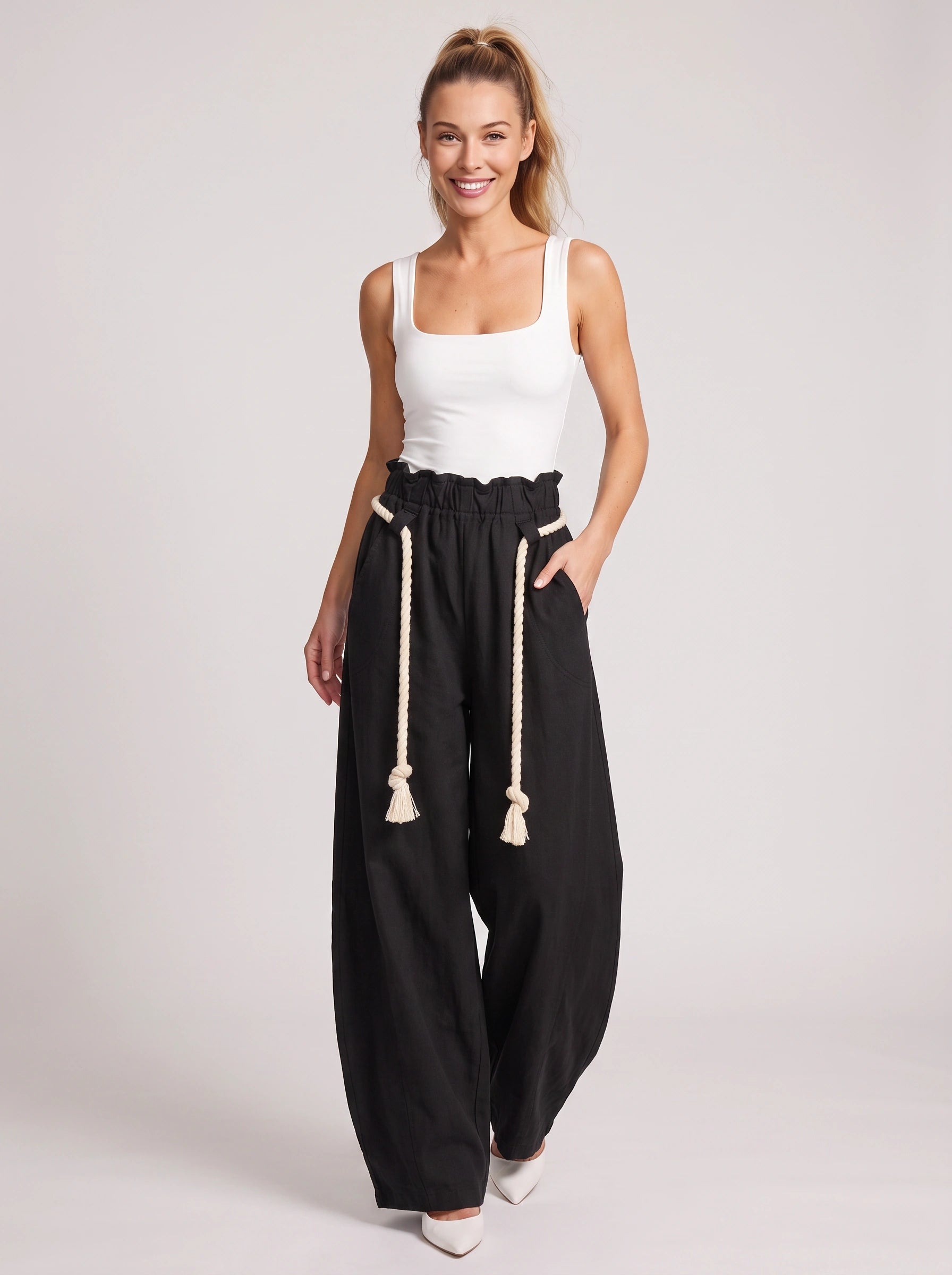 Tasselo High-Waist Wide-Leg Pants – Women Wide Leg Pants Drawstring Paperbag Waist Trouser Summer Casual