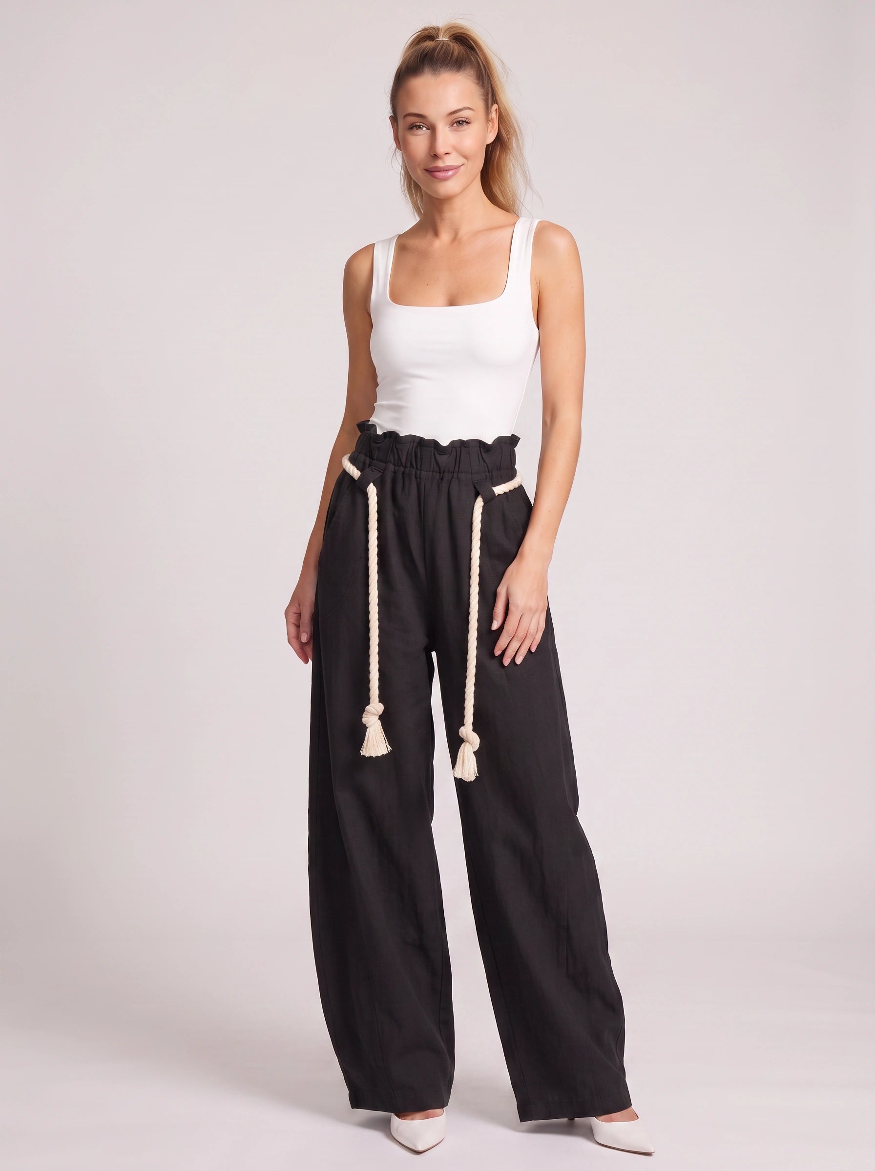 Tasselo High-Waist Wide-Leg Pants – Women Wide Leg Pants Drawstring Paperbag Waist Trouser Summer Casual