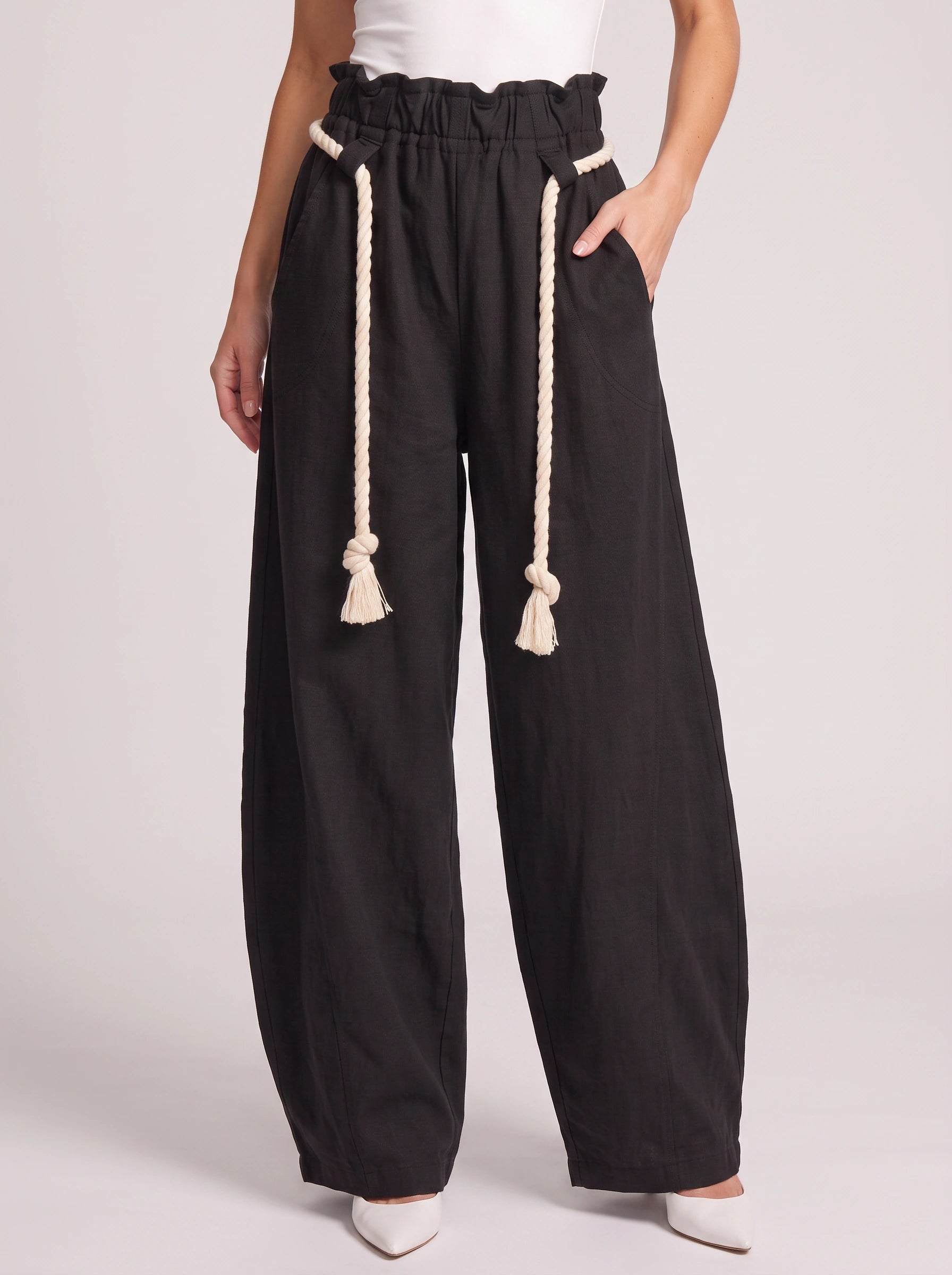 Tasselo High-Waist Wide-Leg Pants – Women Wide Leg Pants Drawstring Paperbag Waist Trouser Summer Casual