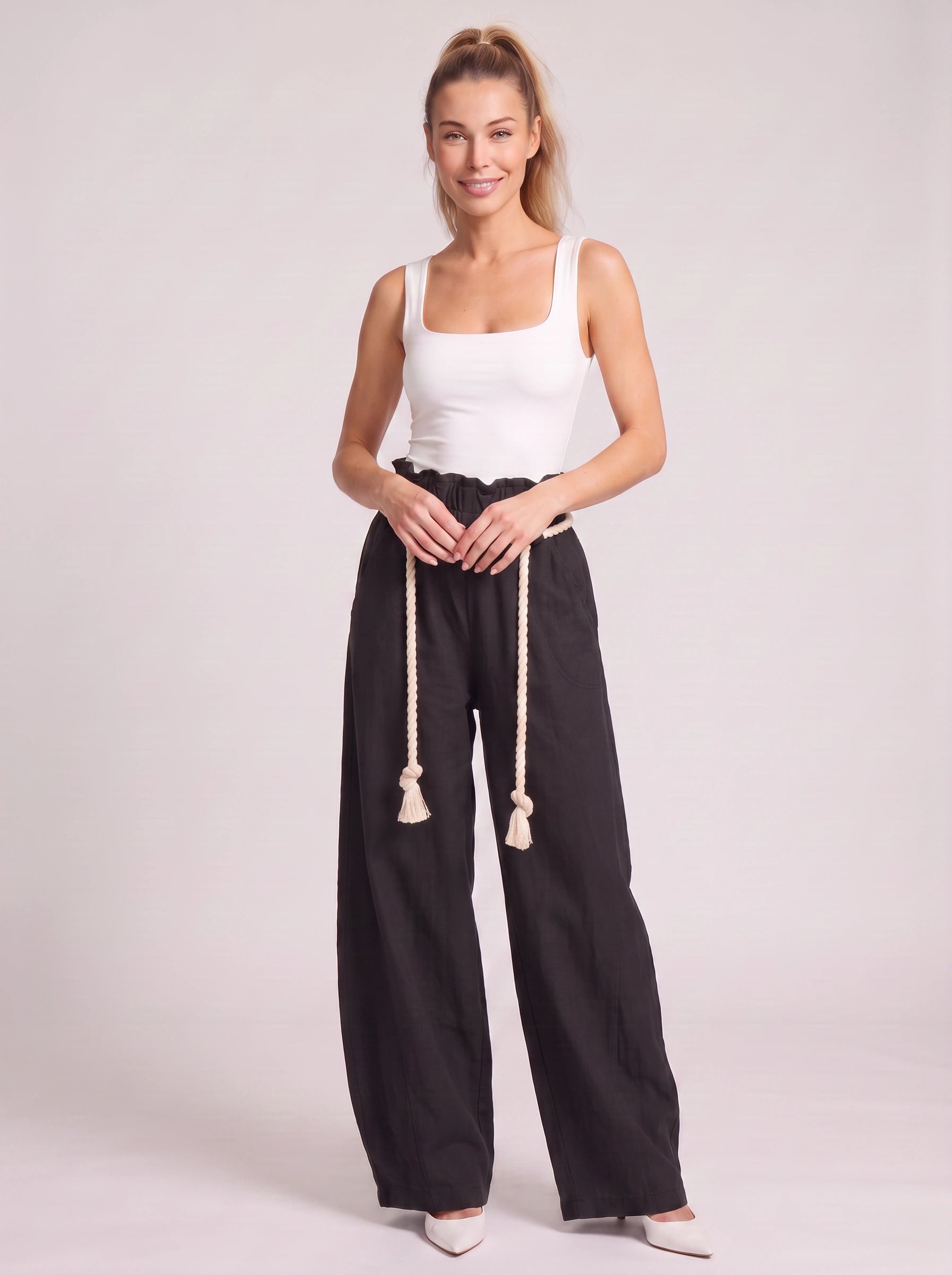 Tasselo High-Waist Wide-Leg Pants – Women Wide Leg Pants Drawstring Paperbag Waist Trouser Summer Casual