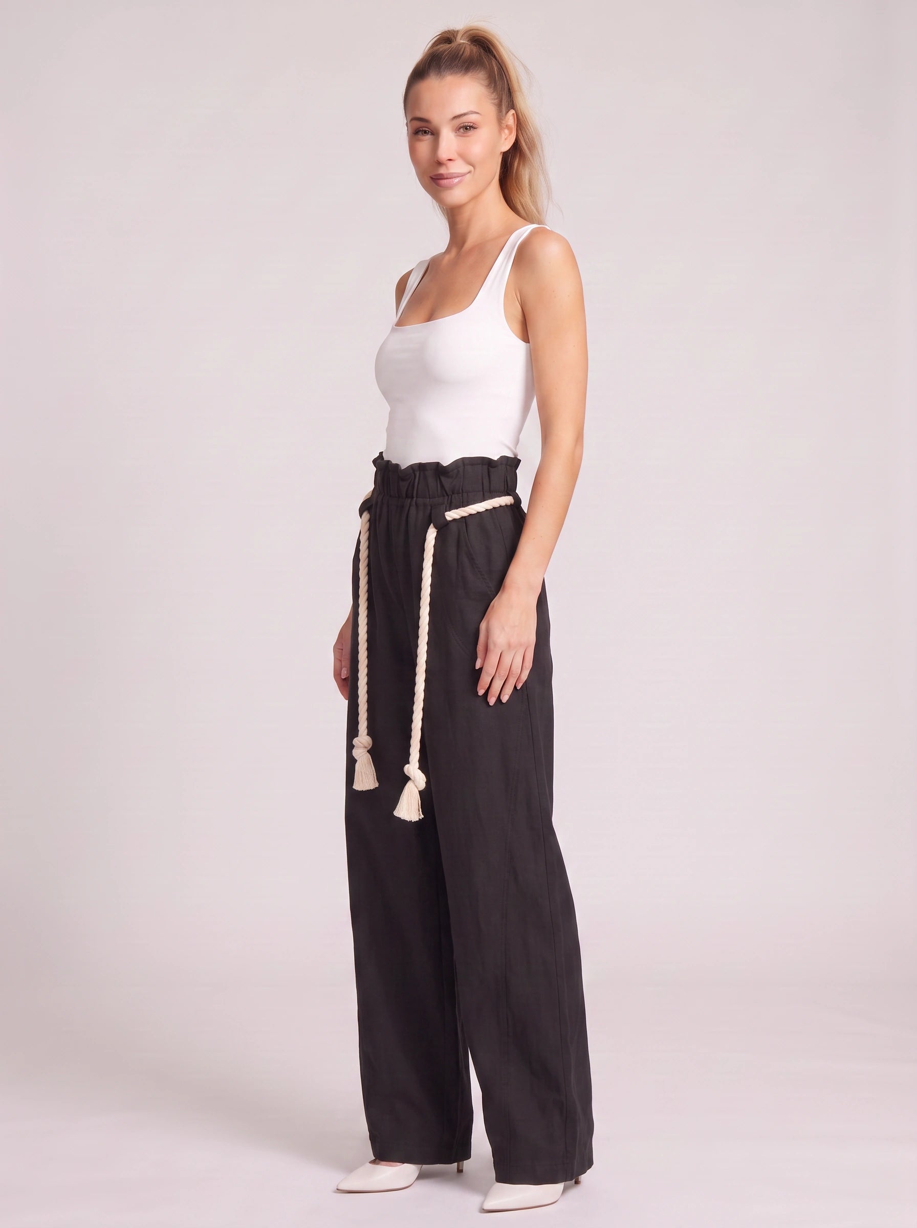 Tasselo High-Waist Wide-Leg Pants – Women Wide Leg Pants Drawstring Paperbag Waist Trouser Summer Casual