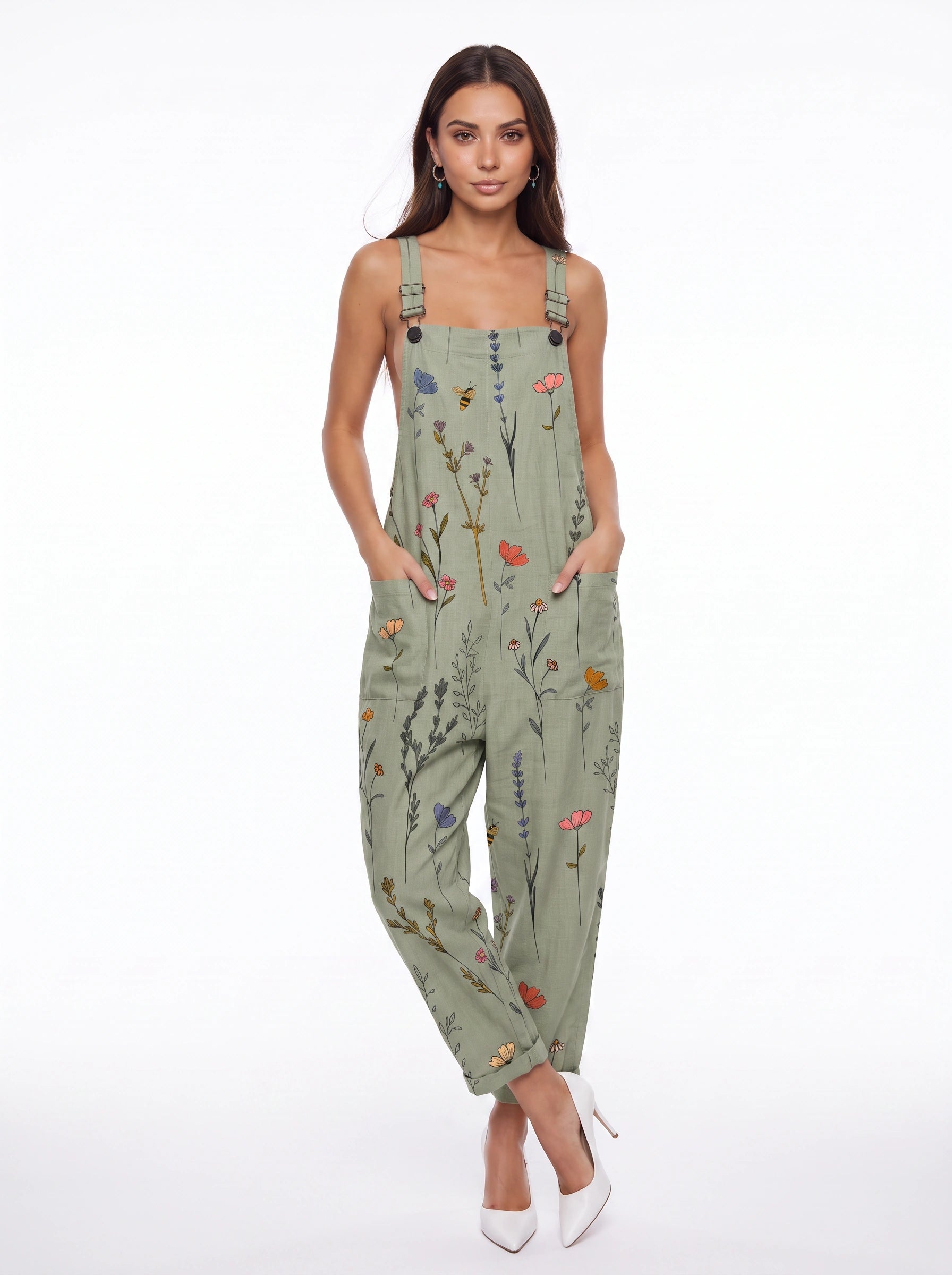 Fiorverde Floral Print Dungaree Overalls – Women Adjustable Strap Casual Jumpsuit Boho Botanical Linen Blend