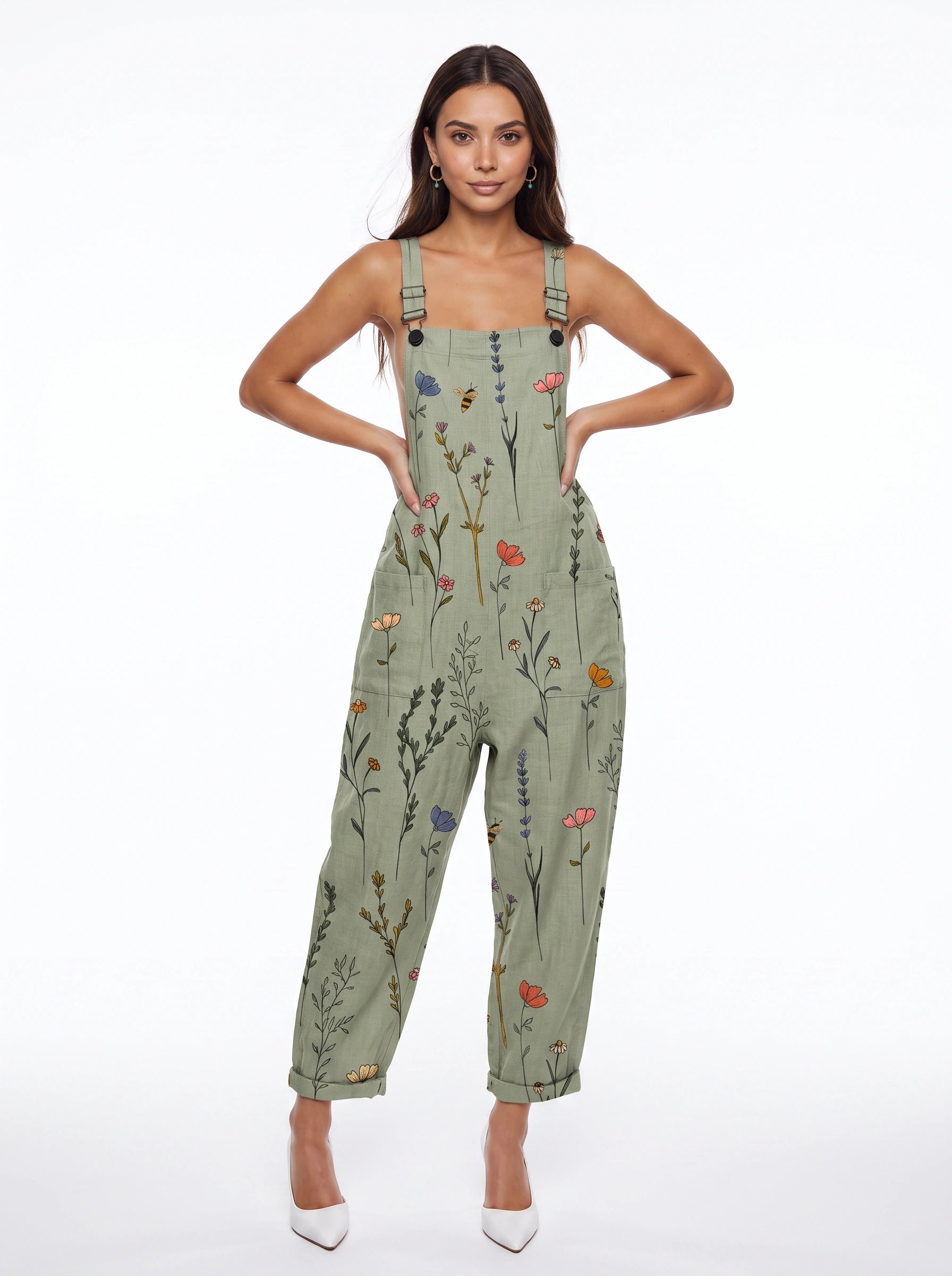 Fiorverde Floral Print Dungaree Overalls – Women Adjustable Strap Casual Jumpsuit Boho Botanical Linen Blend