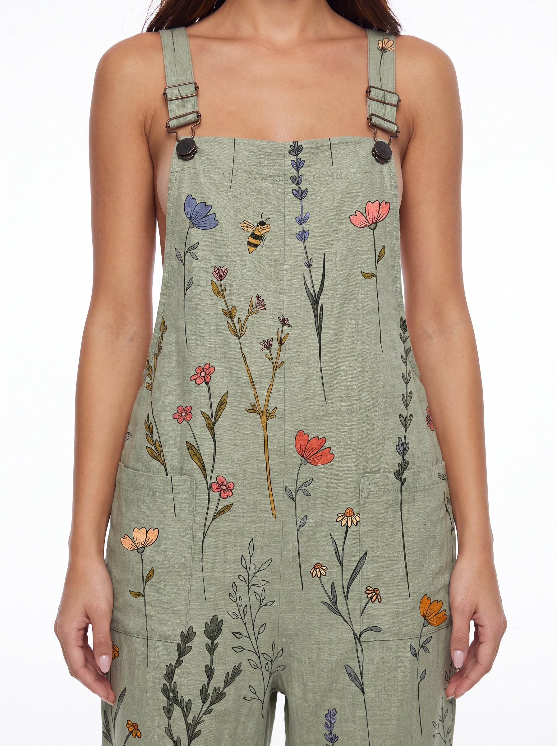 Fiorverde Floral Print Dungaree Overalls – Women Adjustable Strap Casual Jumpsuit Boho Botanical Linen Blend