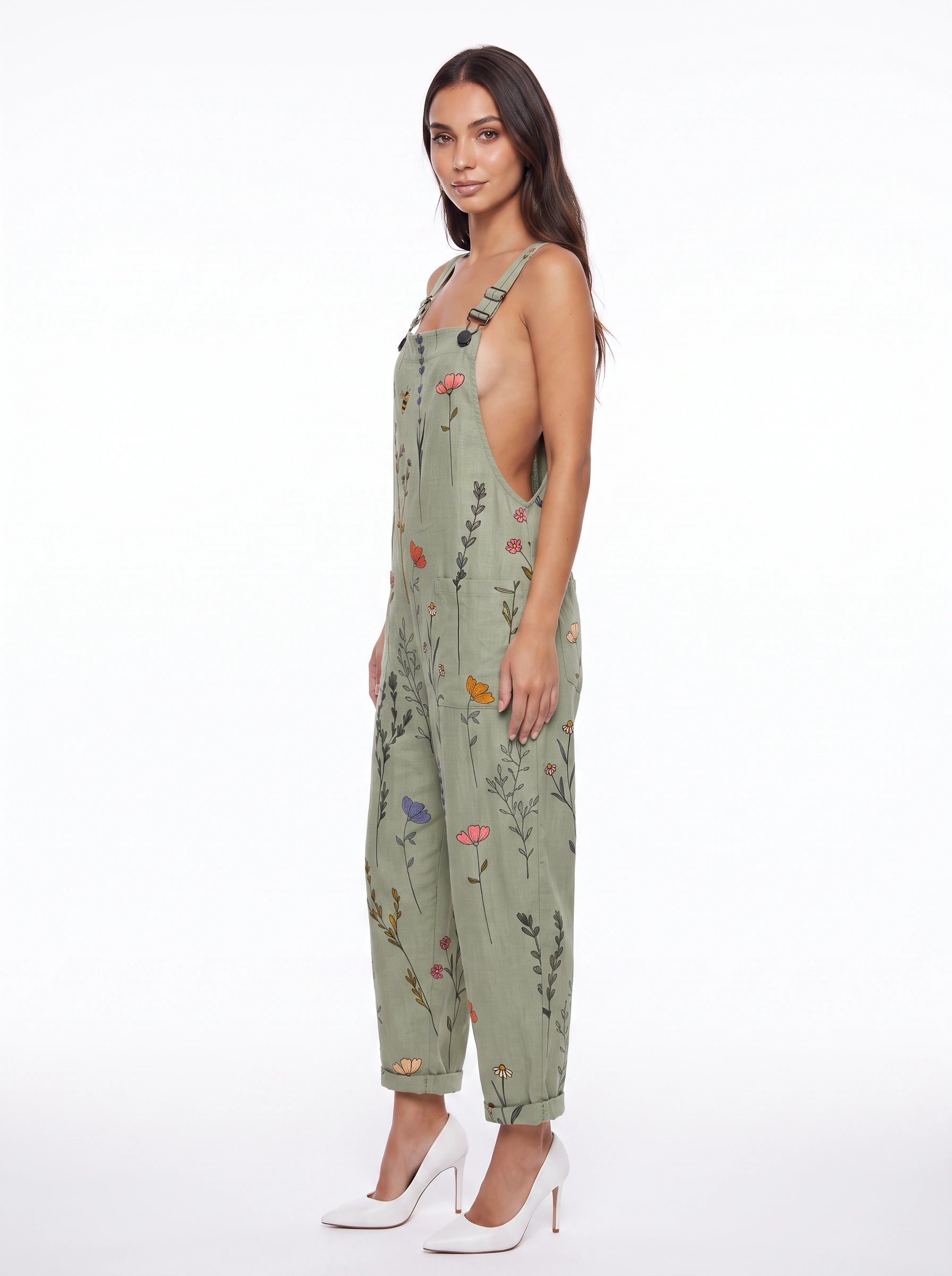 Fiorverde Floral Print Dungaree Overalls – Women Adjustable Strap Casual Jumpsuit Boho Botanical Linen Blend