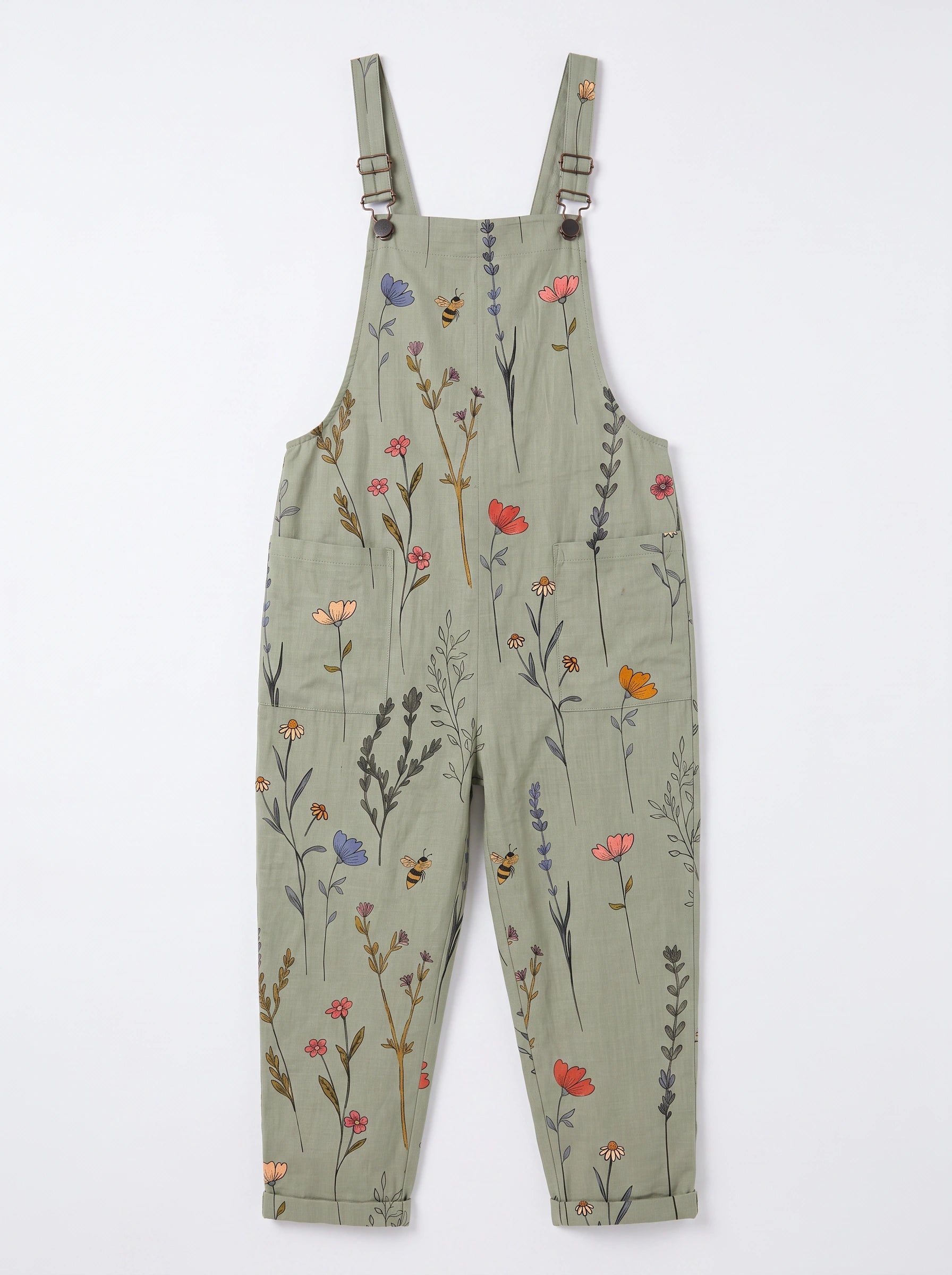 Fiorverde Floral Print Dungaree Overalls – Women Adjustable Strap Casual Jumpsuit Boho Botanical Linen Blend
