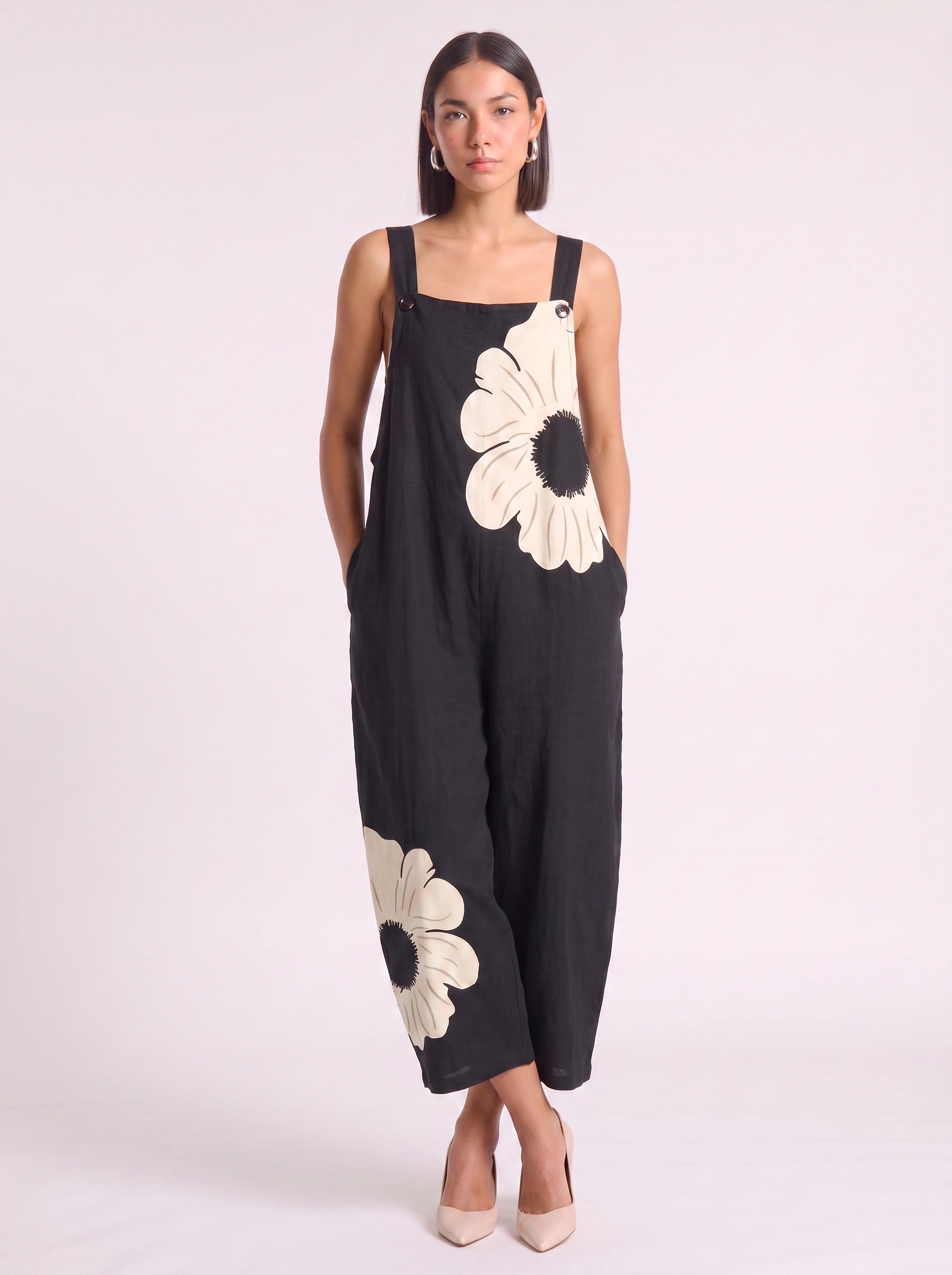 Petala Wide-Leg Dungaree Jumpsuit – Floral Print Cotton Linen Women Summer Casual Beach Vacation Wide-Leg Jumpsuit