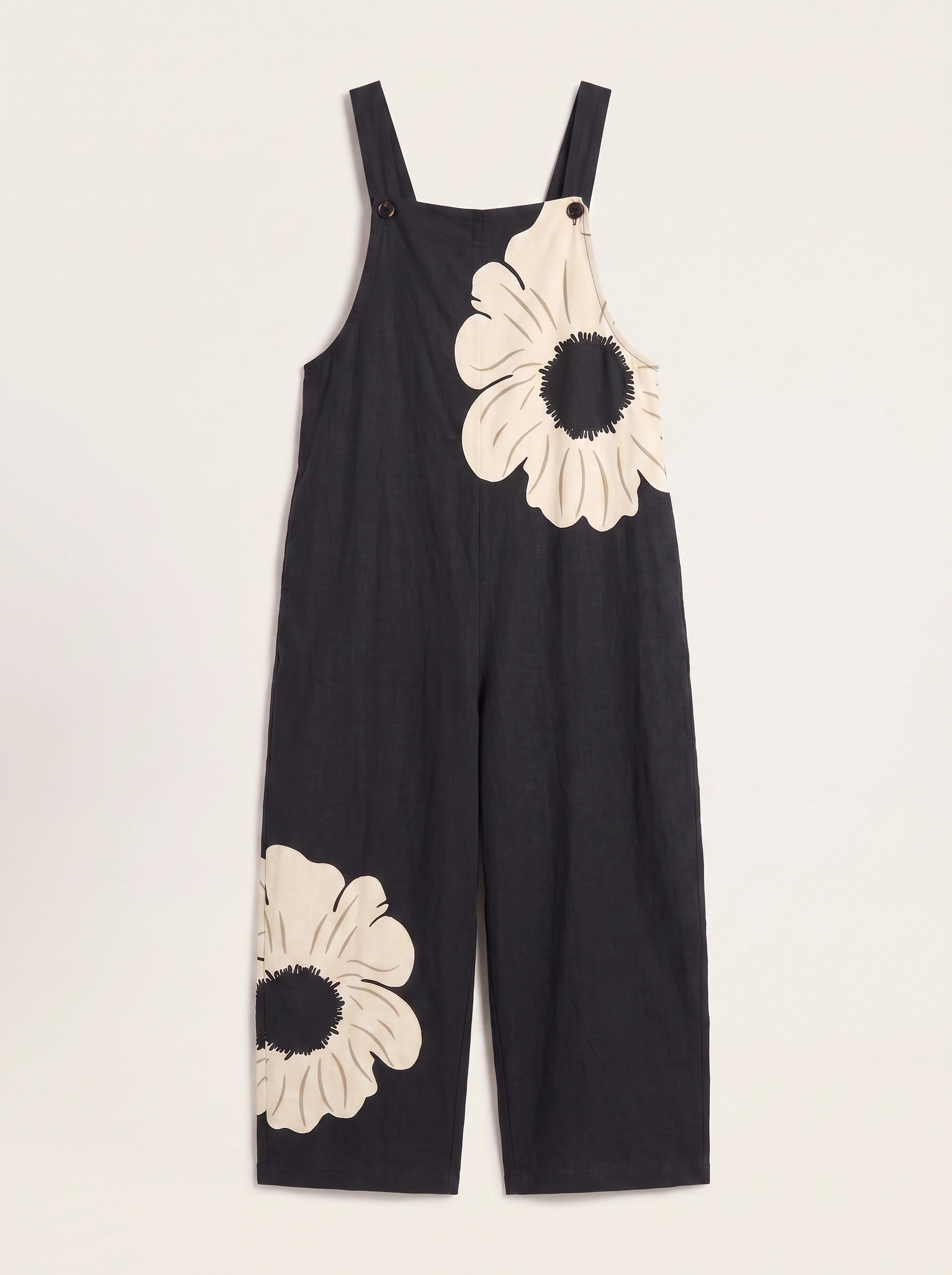 Petala Wide-Leg Dungaree Jumpsuit – Floral Print Cotton Linen Women Summer Casual Beach Vacation Wide-Leg Jumpsuit