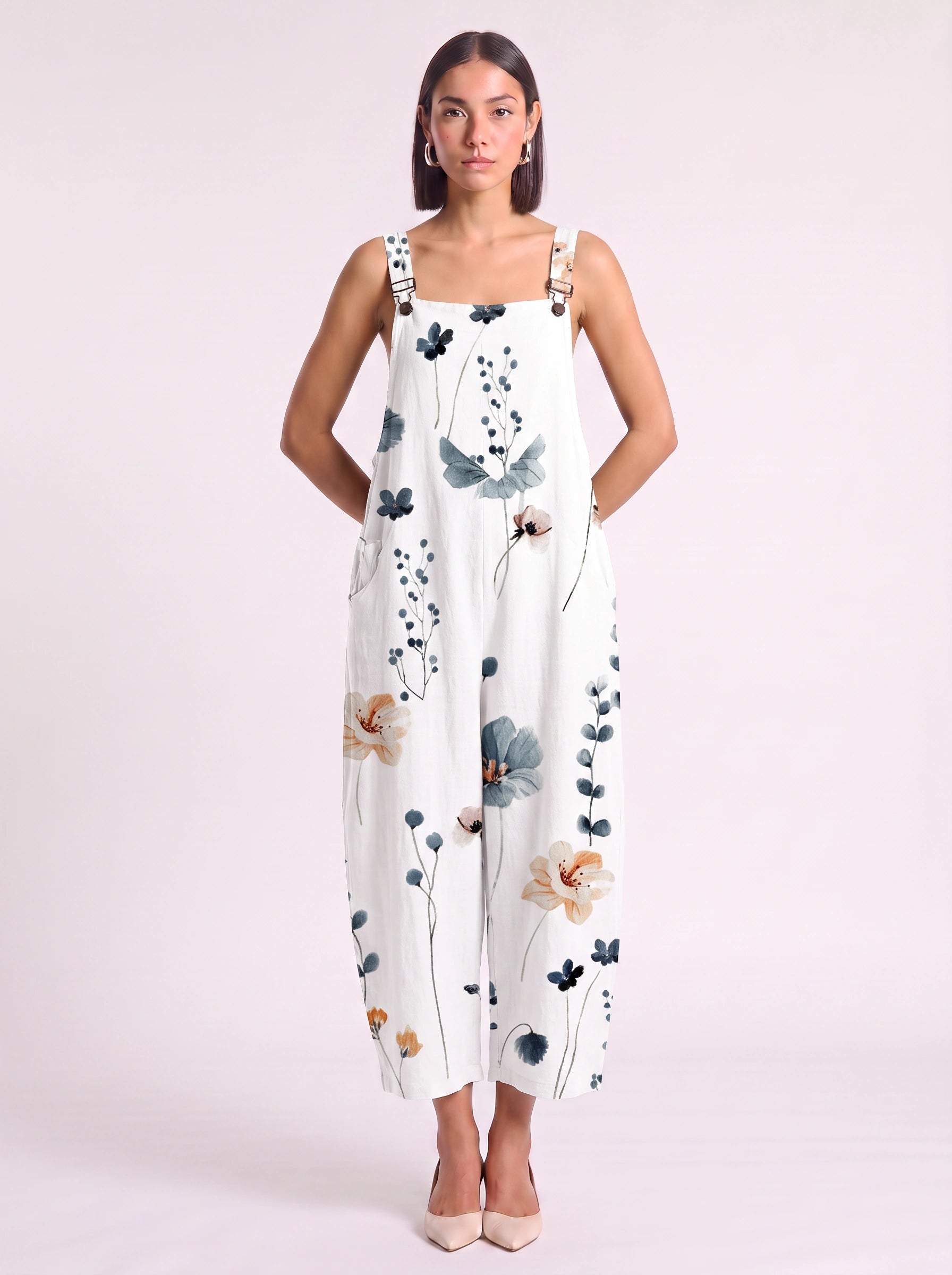 Petala Wide-Leg Dungaree Jumpsuit – Floral Print Cotton Linen Women Summer Casual Beach Vacation Wide-Leg Jumpsuit