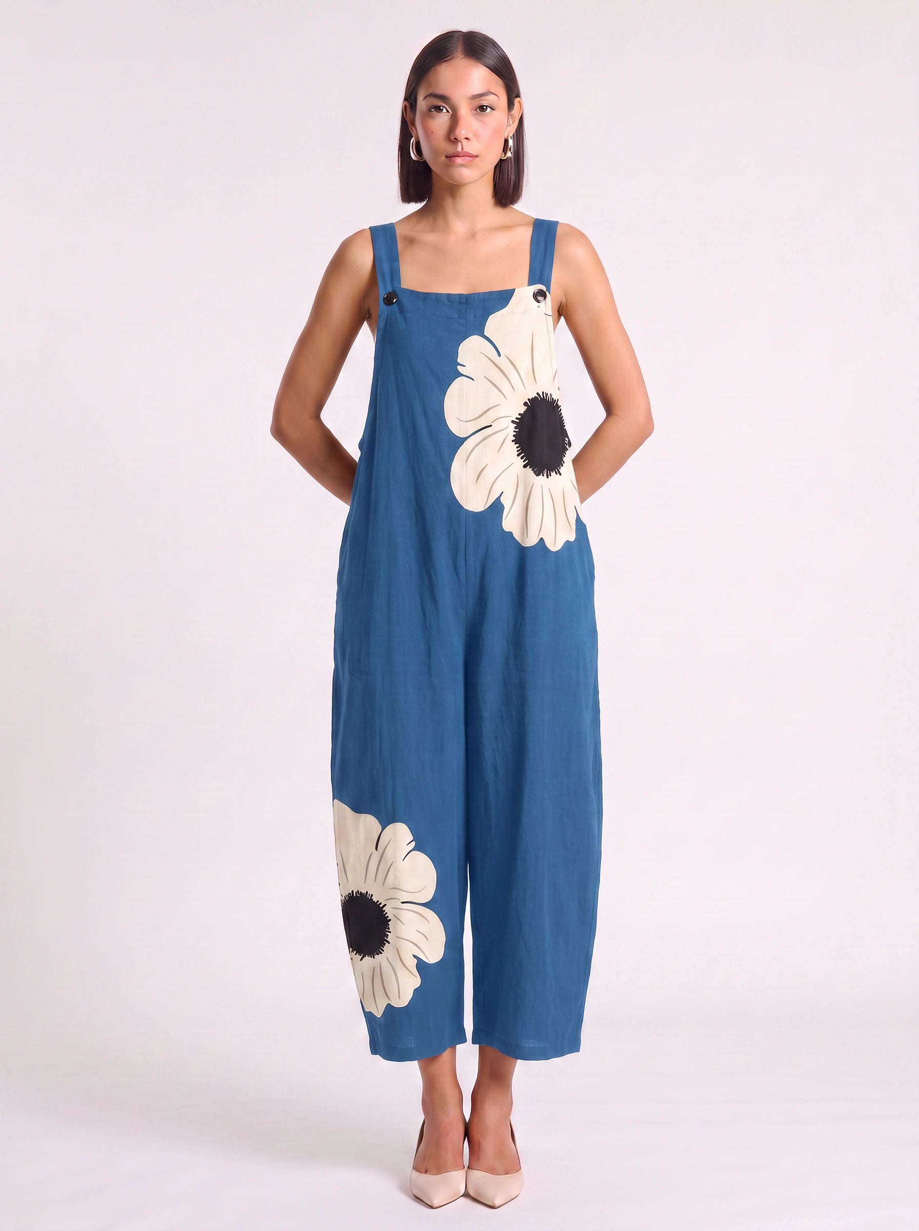 Petala Wide-Leg Dungaree Jumpsuit – Floral Print Cotton Linen Women Summer Casual Beach Vacation Wide-Leg Jumpsuit