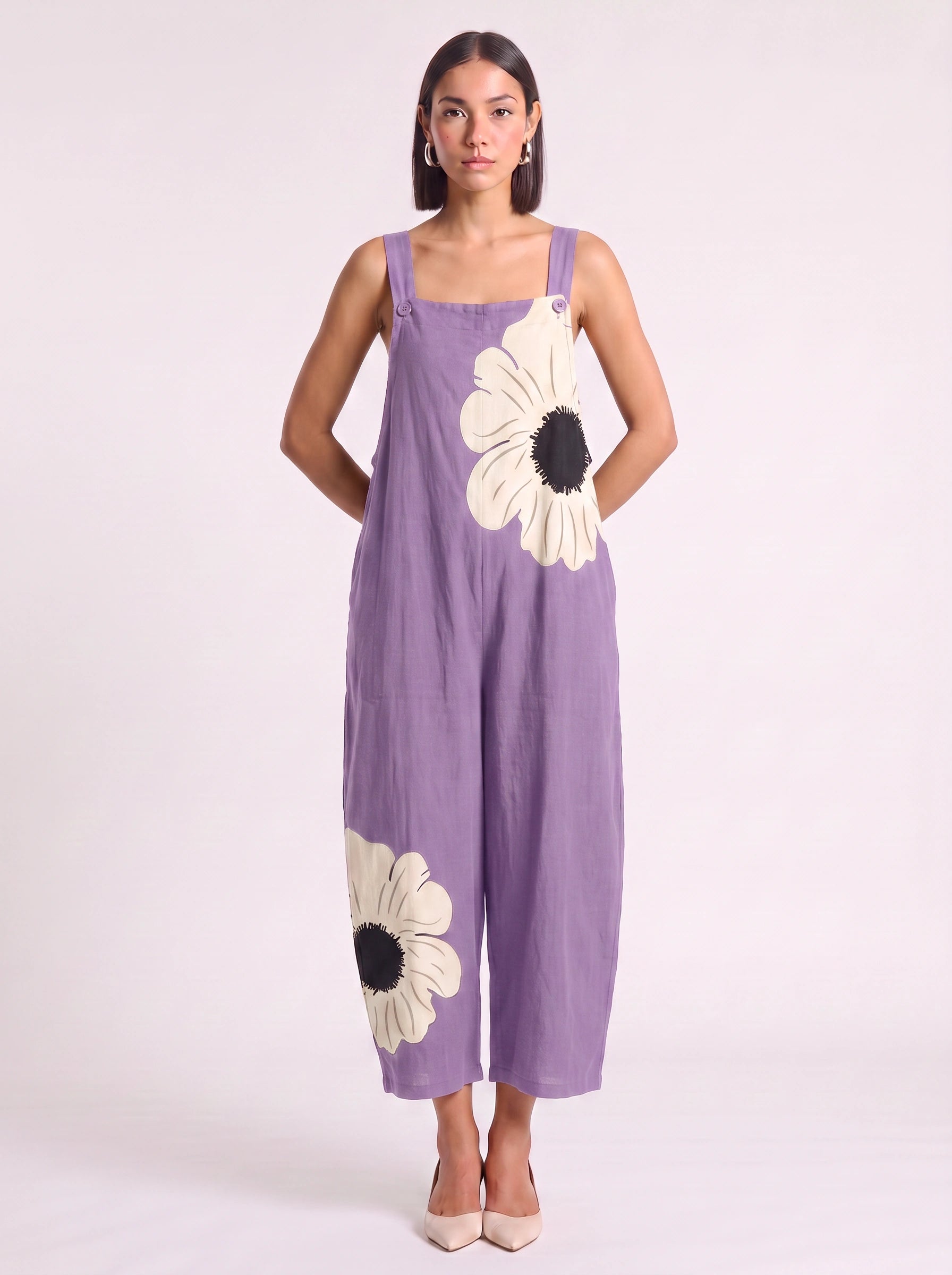 Petala Wide-Leg Dungaree Jumpsuit – Floral Print Cotton Linen Women Summer Casual Beach Vacation Wide-Leg Jumpsuit