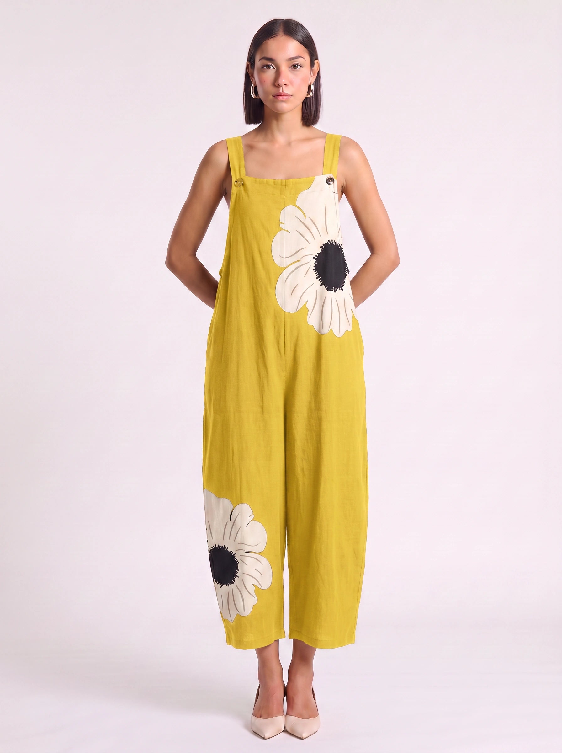 Petala Wide-Leg Dungaree Jumpsuit – Floral Print Cotton Linen Women Summer Casual Beach Vacation Wide-Leg Jumpsuit