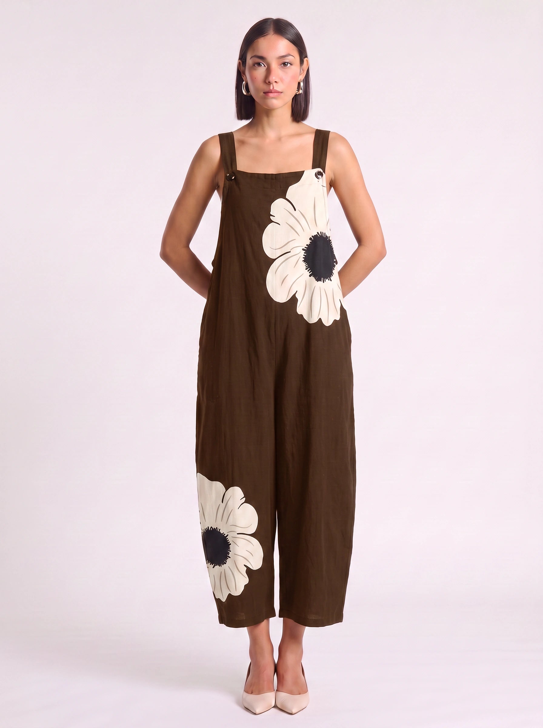 Petala Wide-Leg Dungaree Jumpsuit – Floral Print Cotton Linen Women Summer Casual Beach Vacation Wide-Leg Jumpsuit
