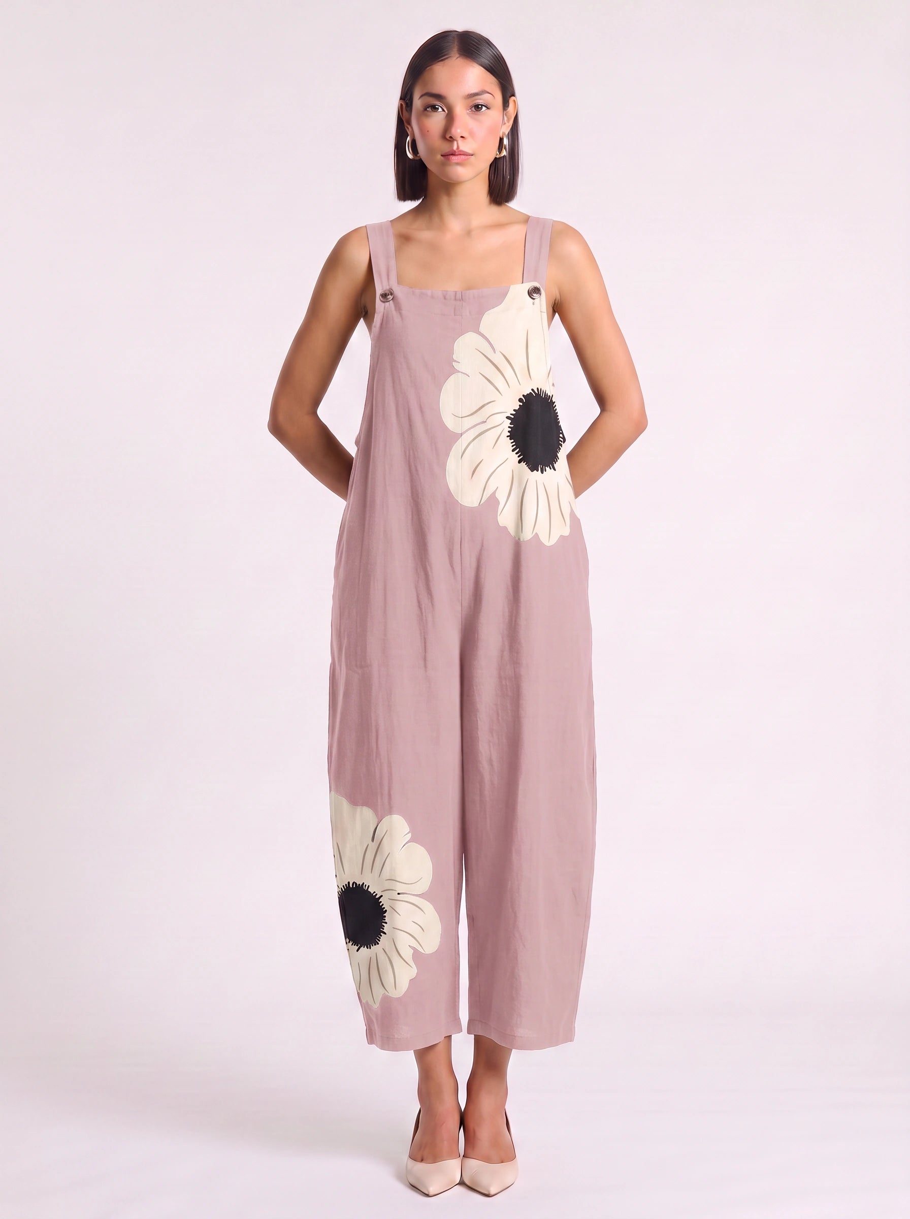 Petala Wide-Leg Dungaree Jumpsuit – Floral Print Cotton Linen Women Summer Casual Beach Vacation Wide-Leg Jumpsuit