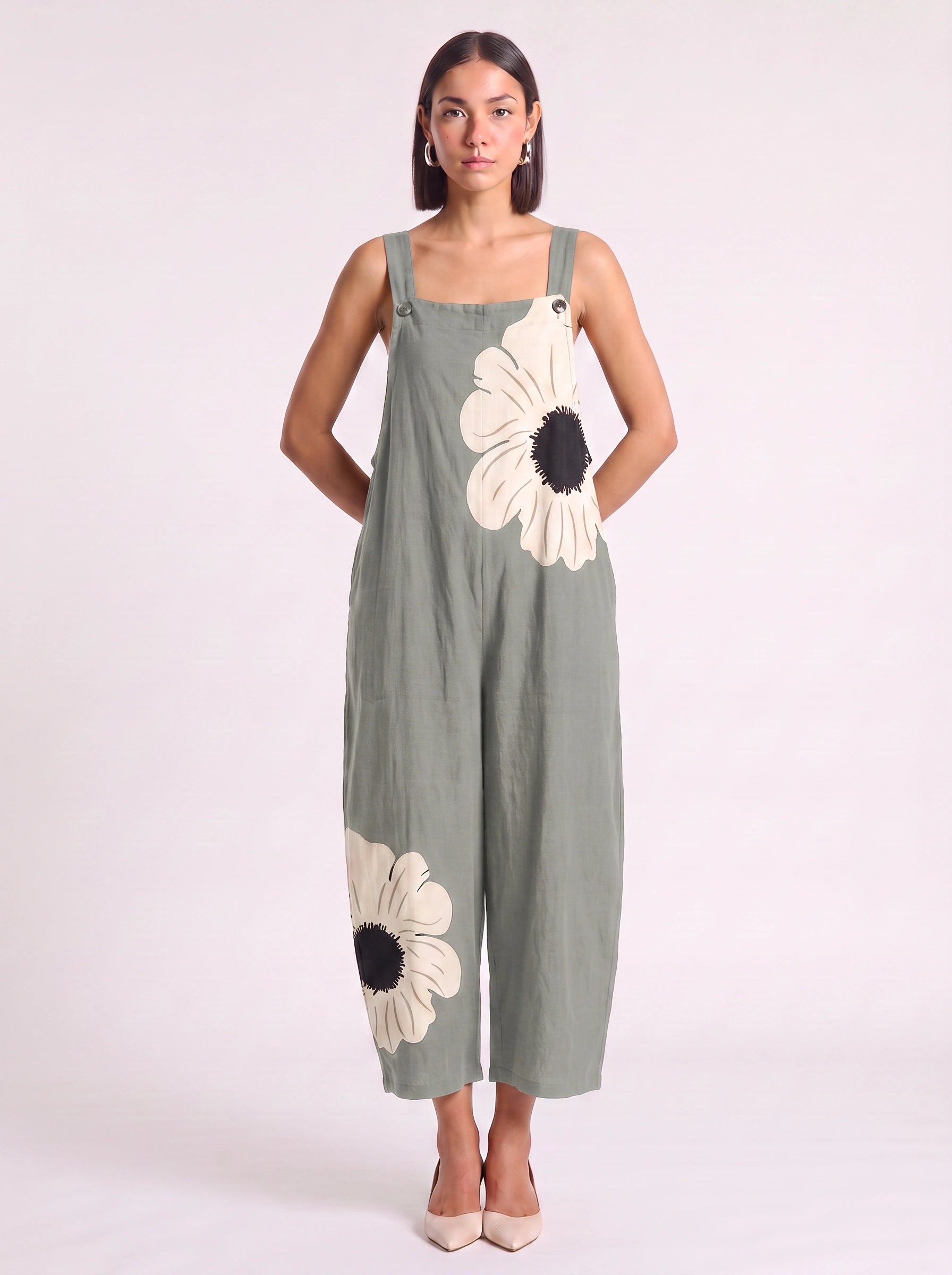 Petala Wide-Leg Dungaree Jumpsuit – Floral Print Cotton Linen Women Summer Casual Beach Vacation Wide-Leg Jumpsuit