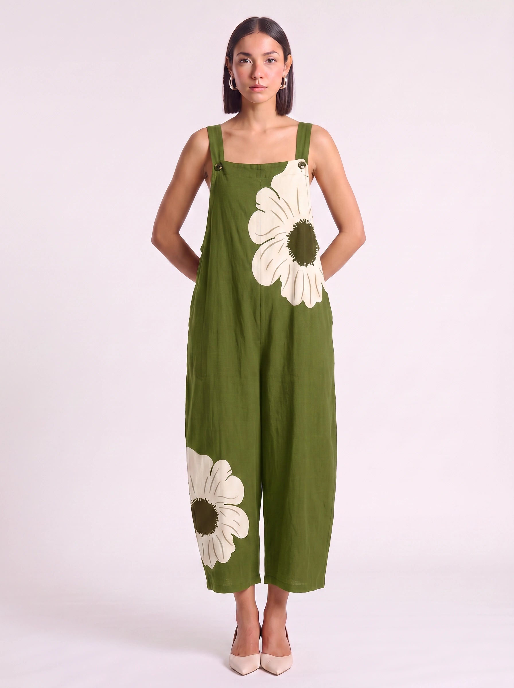 Petala Wide-Leg Dungaree Jumpsuit – Floral Print Cotton Linen Women Summer Casual Beach Vacation Wide-Leg Jumpsuit