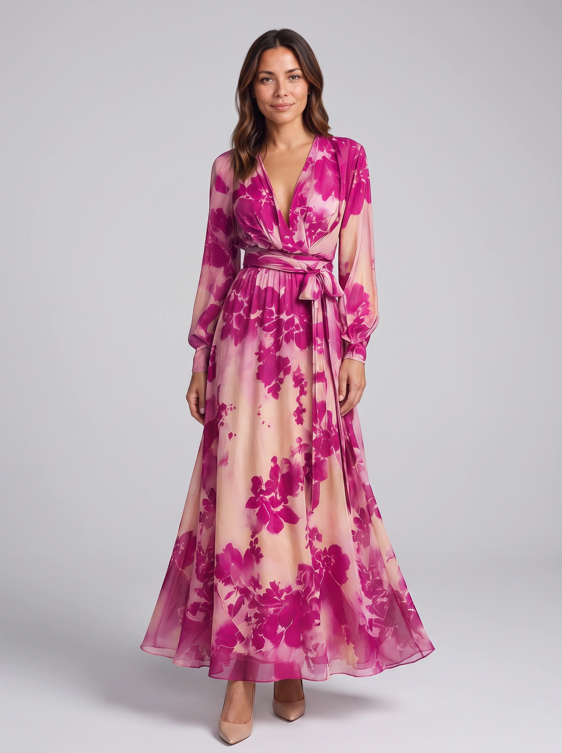 Florave Floral Wrap Maxi Dress – Long Sleeve Plunge Neck Women Formal Wedding Guest Summer Evening Maxi Dress