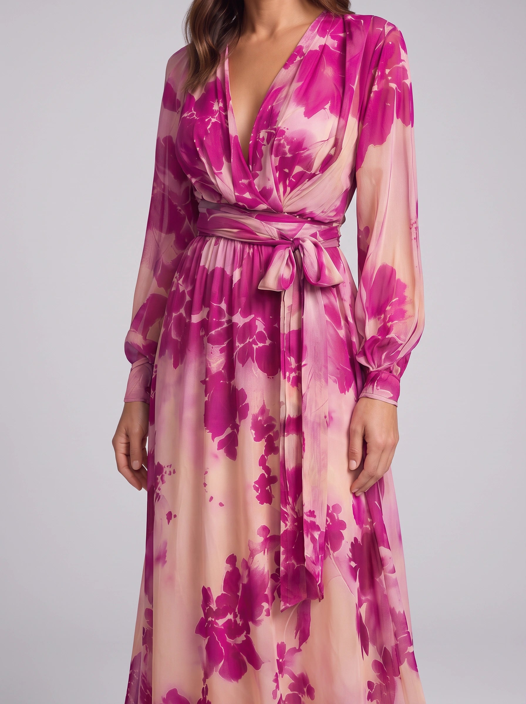 Florave Floral Wrap Maxi Dress – Long Sleeve Plunge Neck Women Formal Wedding Guest Summer Evening Maxi Dress