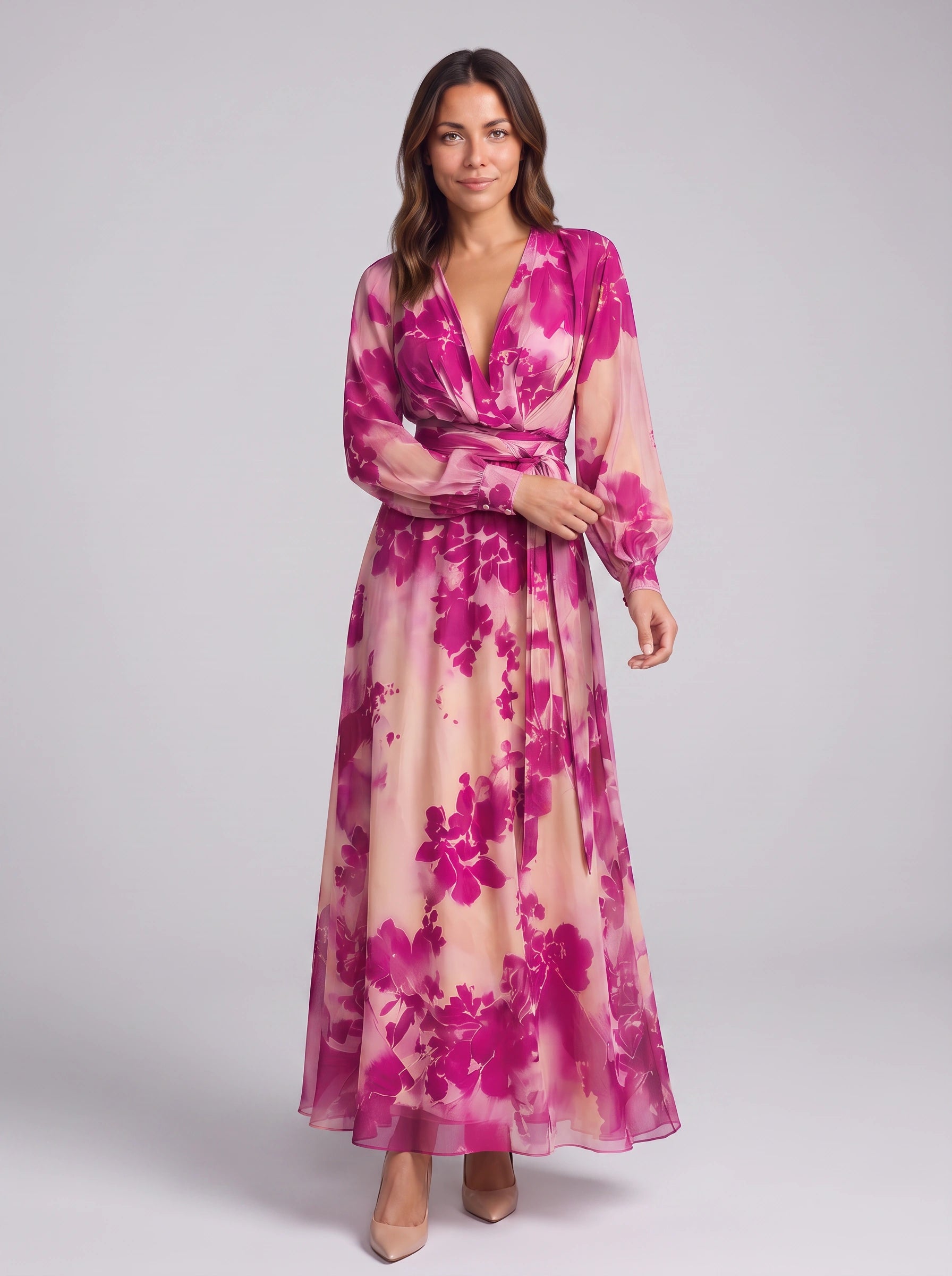 Florave Floral Wrap Maxi Dress – Long Sleeve Plunge Neck Women Formal Wedding Guest Summer Evening Maxi Dress