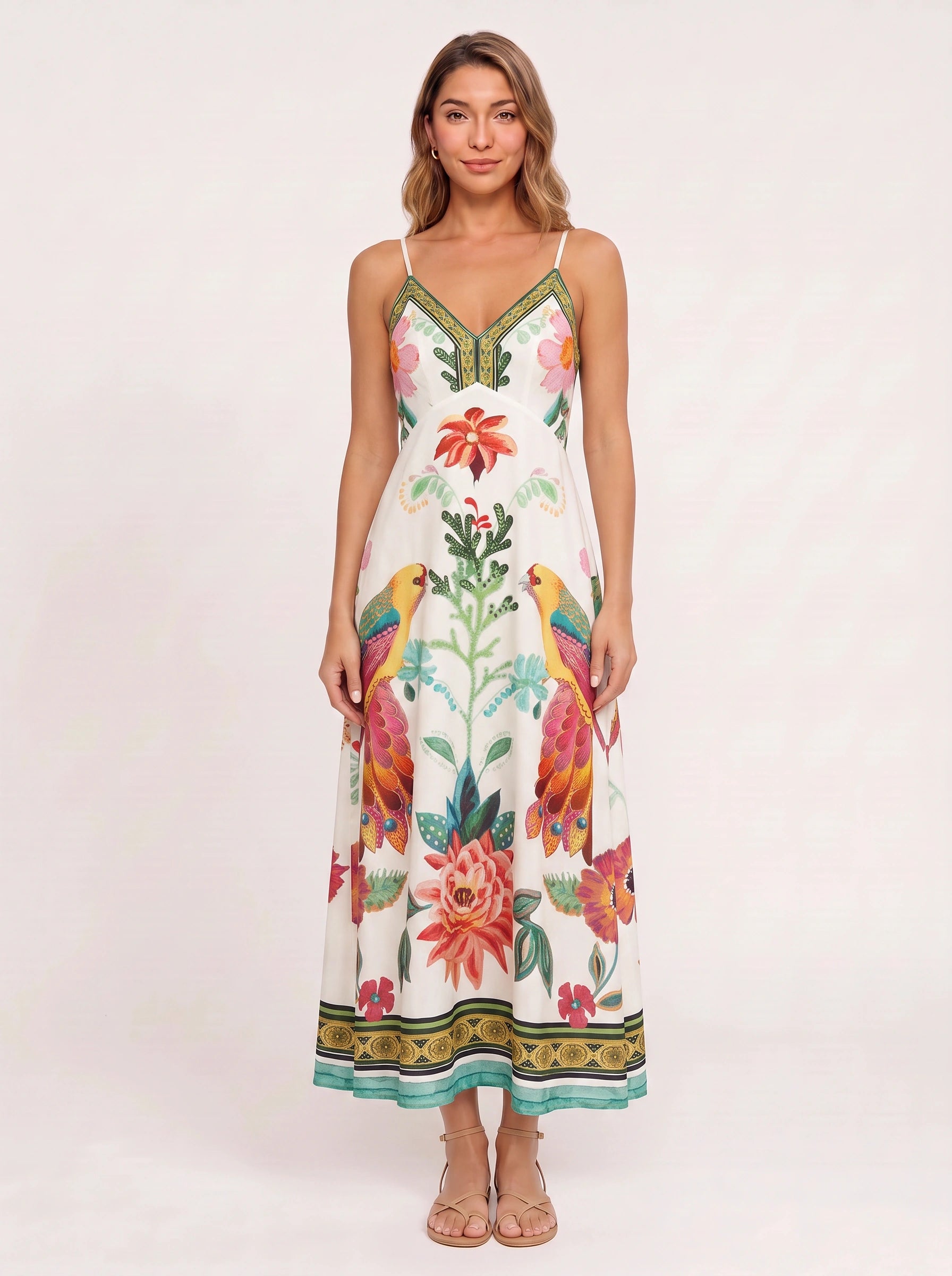 Papaia Tropical Print Maxi Dress – Floral Sundress Women Summer Vacation Resort Boho Maxi Dress
