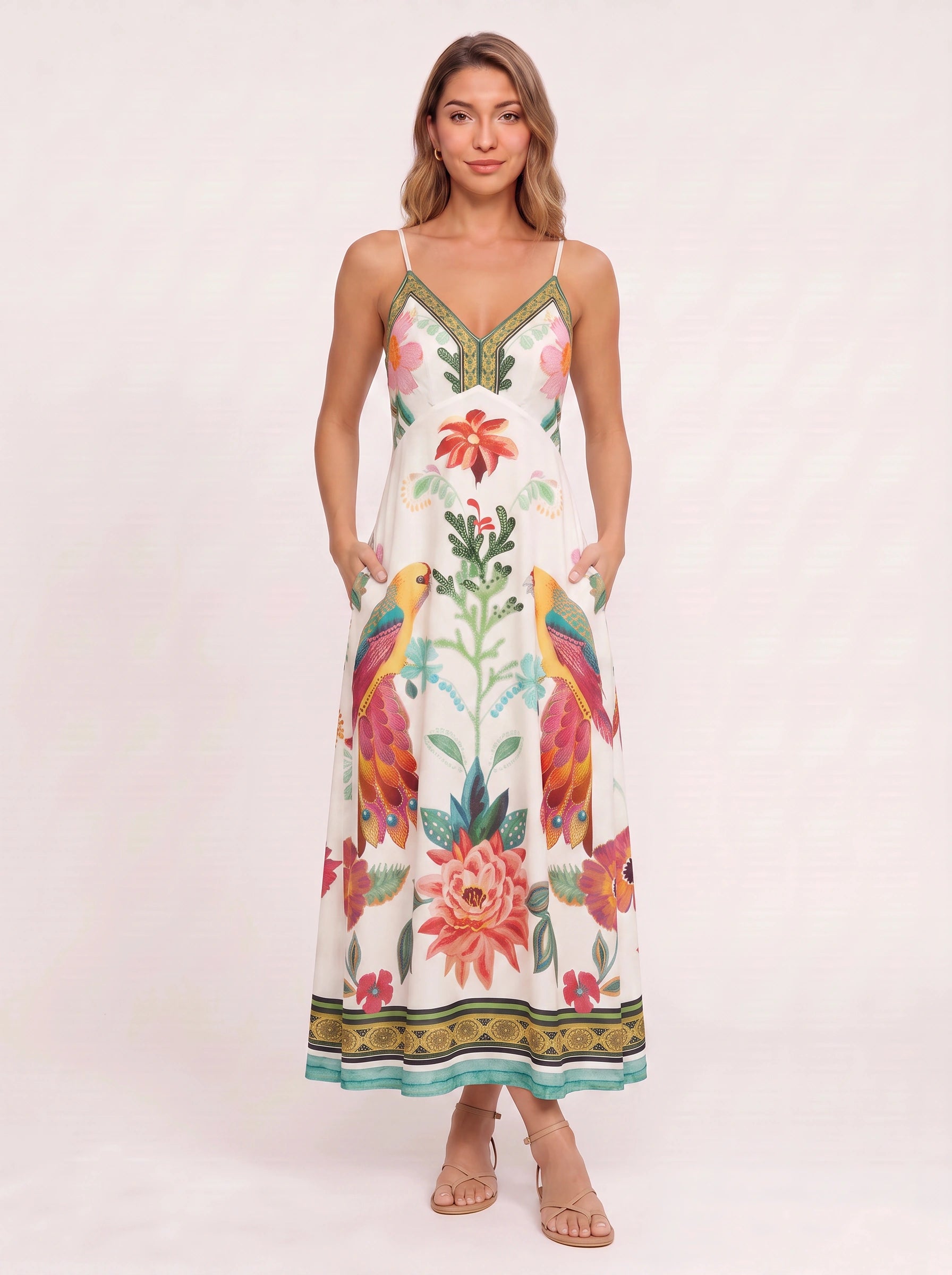 Papaia Tropical Print Maxi Dress – Floral Sundress Women Summer Vacation Resort Boho Maxi Dress