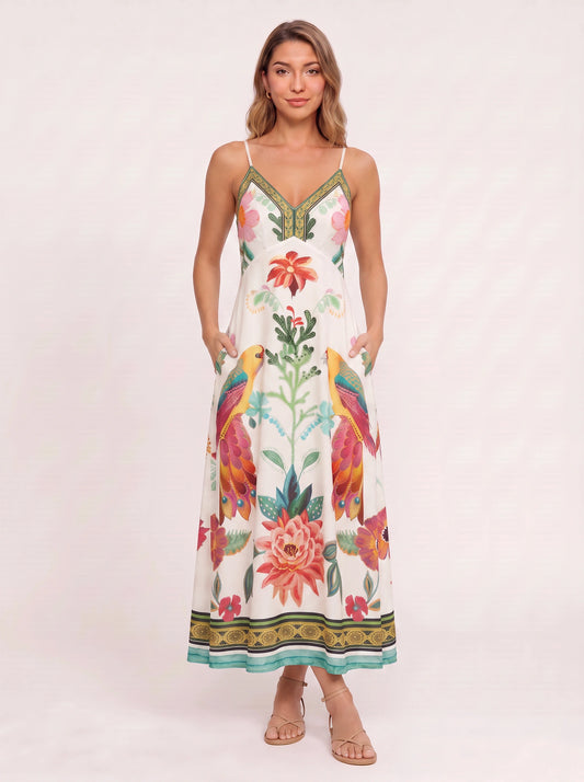 Papaia Tropical Print Maxi Dress – Floral Sundress Women Summer Vacation Resort Boho Maxi Dress