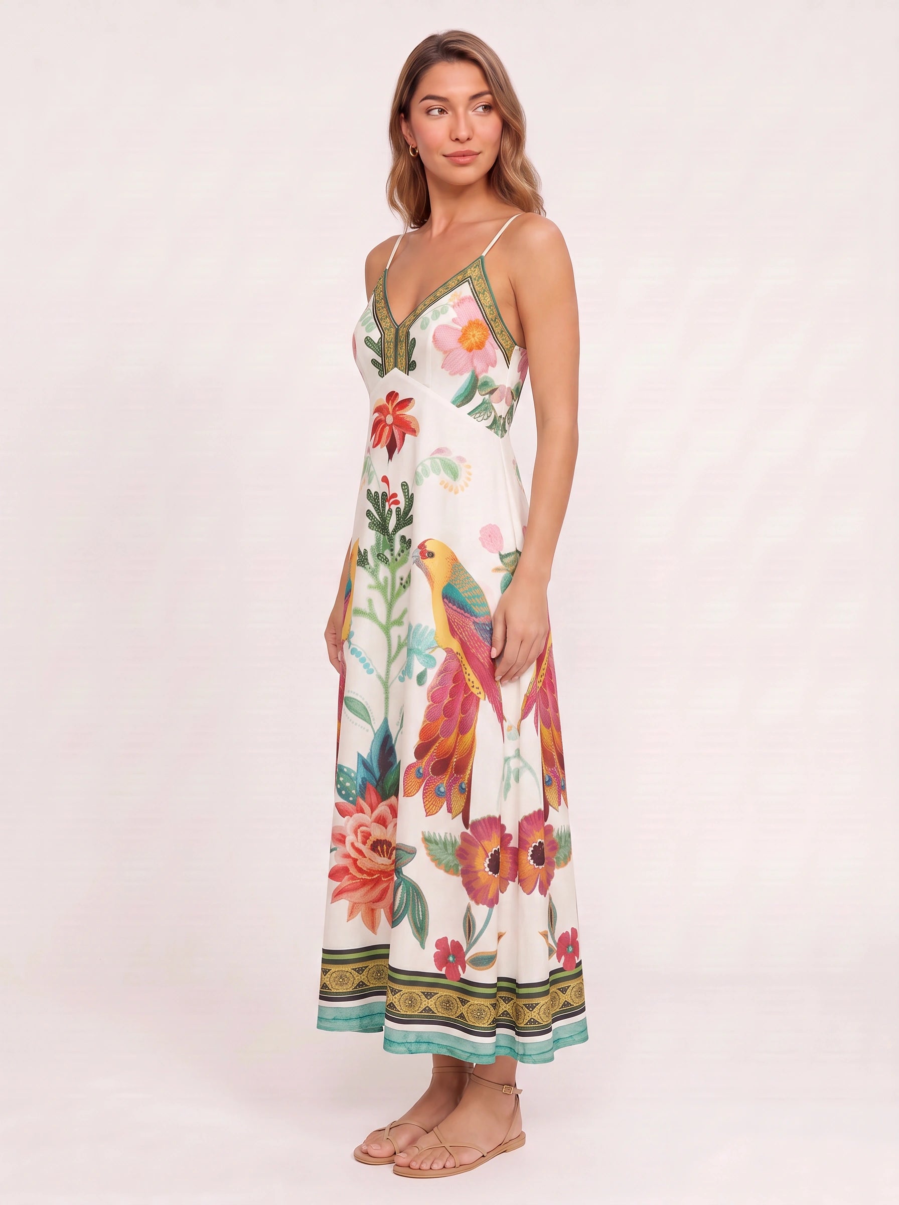 Papaia Tropical Print Maxi Dress – Floral Sundress Women Summer Vacation Resort Boho Maxi Dress