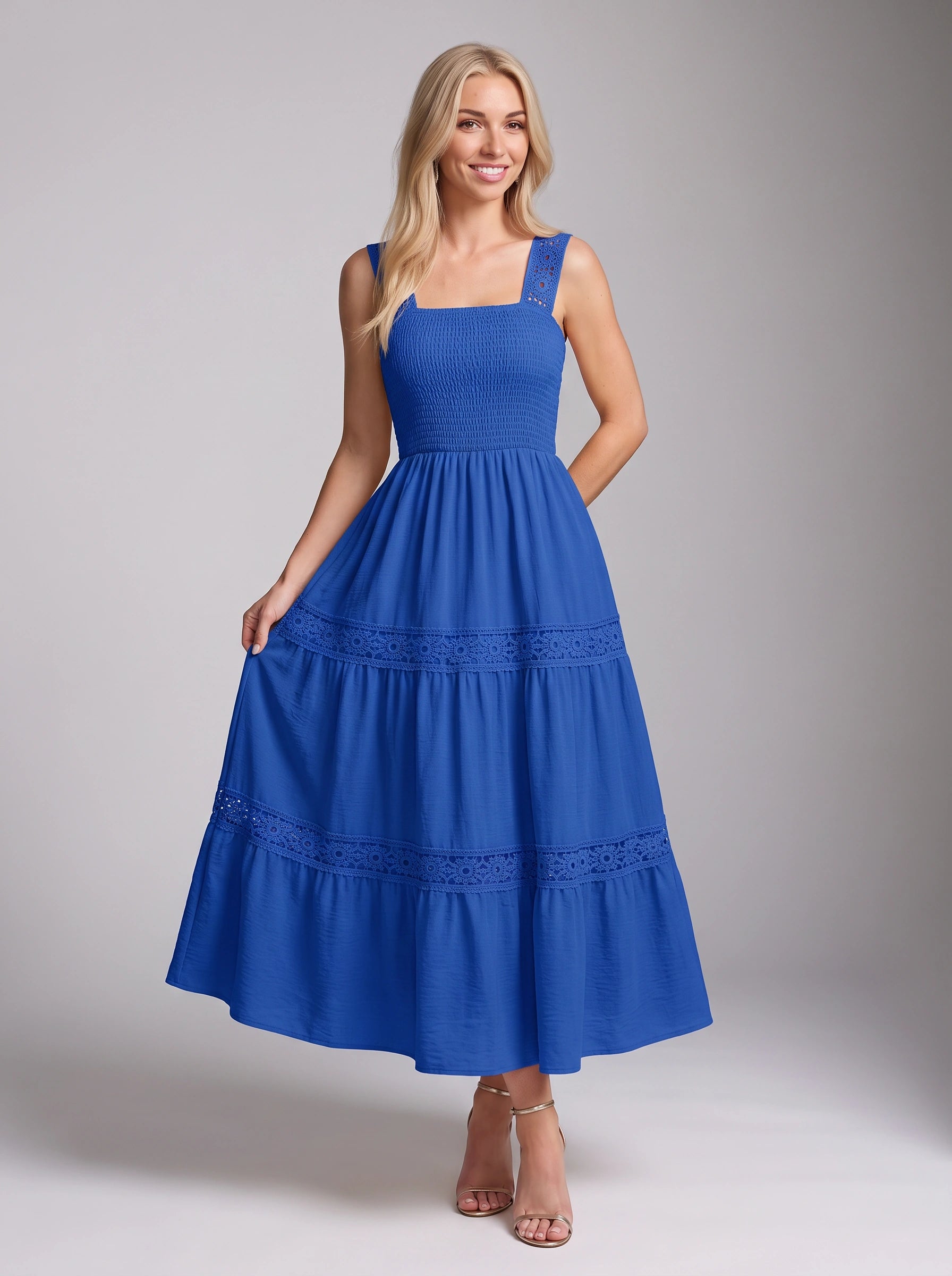 Piètro Shirred Lace Tiered Midi Dress – Women Sundress Summer Wedding Guest Vacation Casual Midi Dress